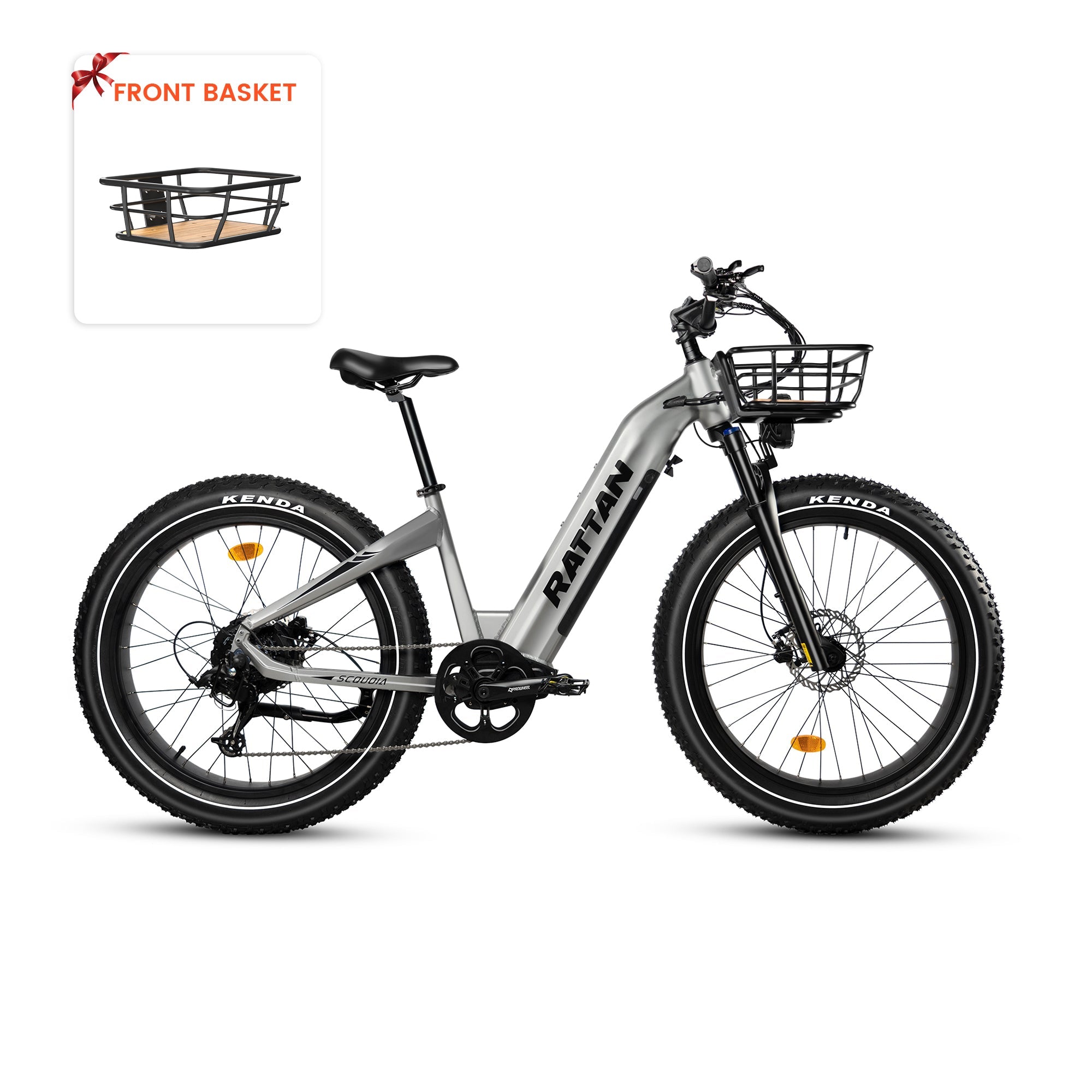Rattan Sequoia Fat tire eBike Electric bike with front basket on a white background. Rattan Sequoia Fat tire eBike