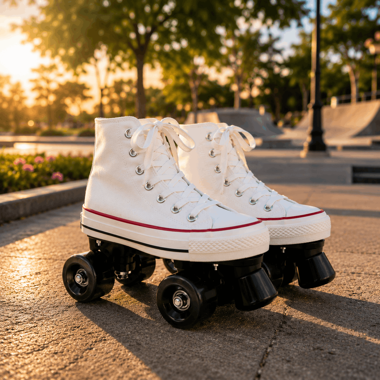 White Canvas Quad Skating Double Row Roller Skates White high-top roller skates with black wheels on a concrete surface with trees and skate park in the background.