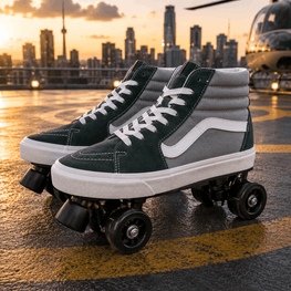 A pair of high-top roller skate shoes with dark green suede and gray canvas panels, white laces, and white side stripes, shown on a helipad at sunset with a city skyline and helicopter in the background.