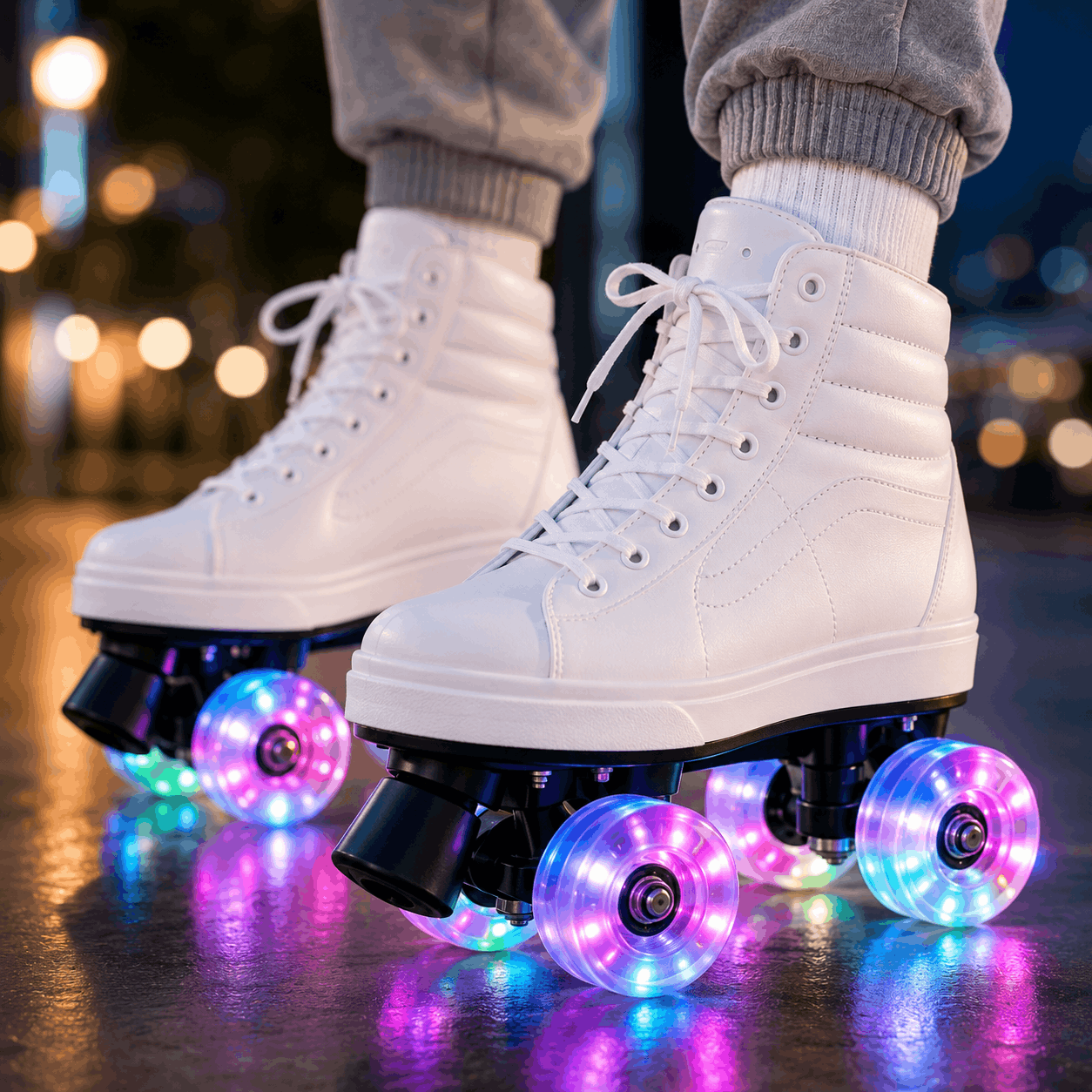 Arctic White Quad Skating Double Row Roller Skates A close-up lifestyle shot of a person wearing white high-top roller skates with glowing multicolor LED wheels on a wet pavement at night.