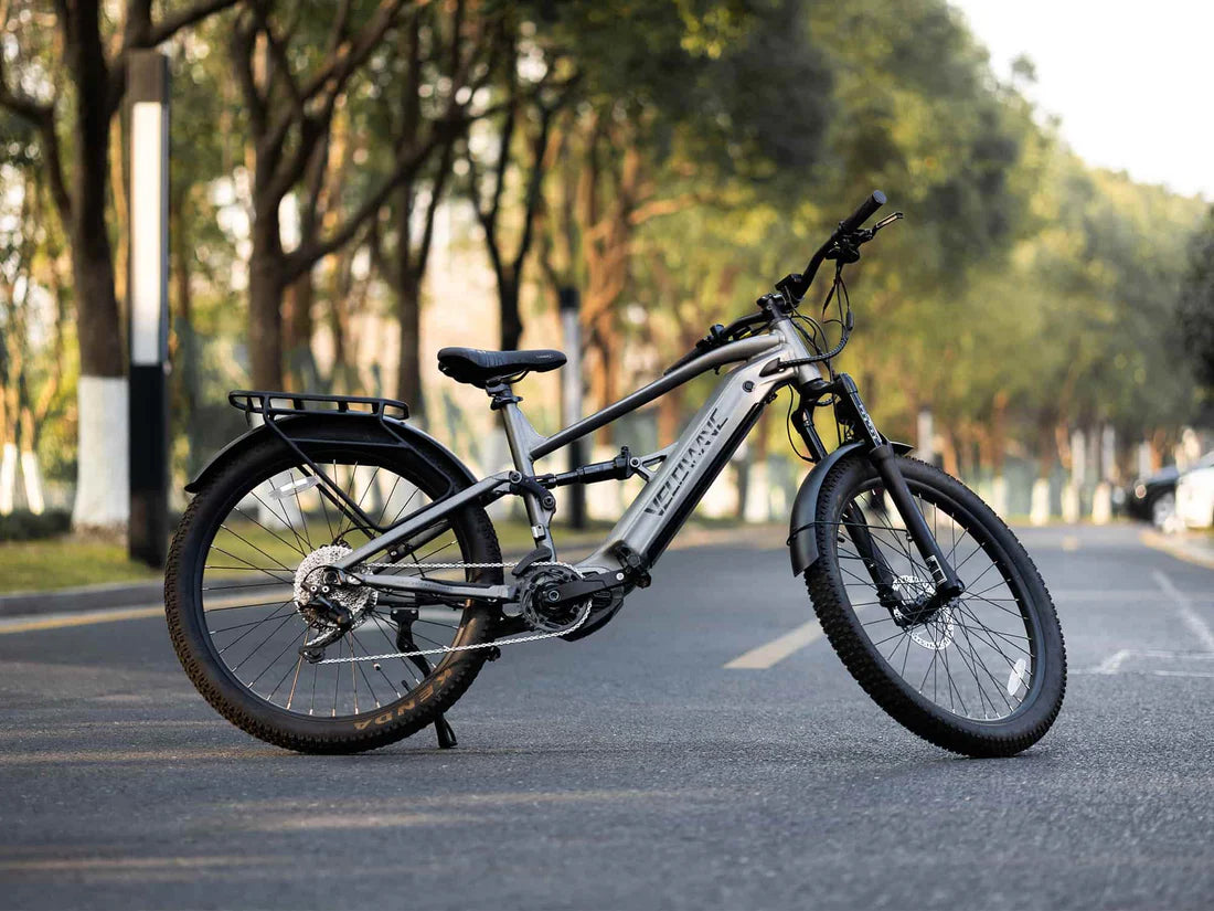 Velowave Forest SM MTB Electric bike on a road with trees in the background. Valowave Forest SM MTB