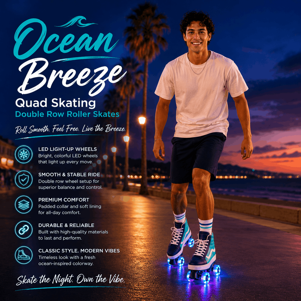 Ocean Breeze Quad Skating Double Row Roller Skates A man wearing a white t-shirt, navy shorts, and blue sneakers with glowing multicolor LED light-up wheels is double rowing on a skateboard on a waterfront at dusk. The left side of the image features product text and feature icons for 'Ocean Breeze Quad Skating'.