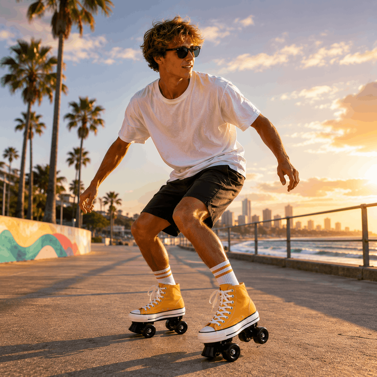 Yellow Canvas Quad Skating Double Row Roller Skates Person rollerblading on a boardwalk with palm trees and a city skyline in the background.
