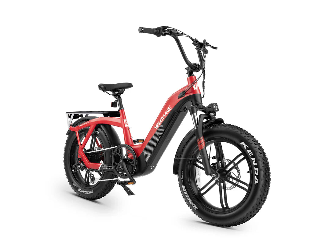 Velowave Pony Compact Step-Thru Electric Bike Red electric bike with black frame on a white background. Valowave Pony Compact Step-Thru Electric Bike