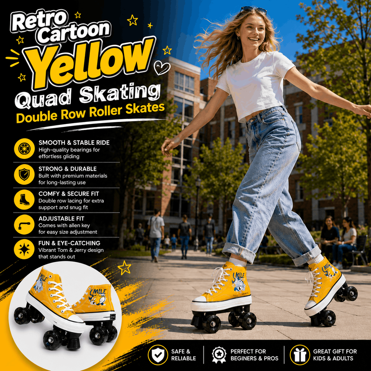 Retro Cartoon Yellow Quad Skating Double Row Roller Skates Retro Cartoon Yellow Quad Skating Double Row Roller Skates