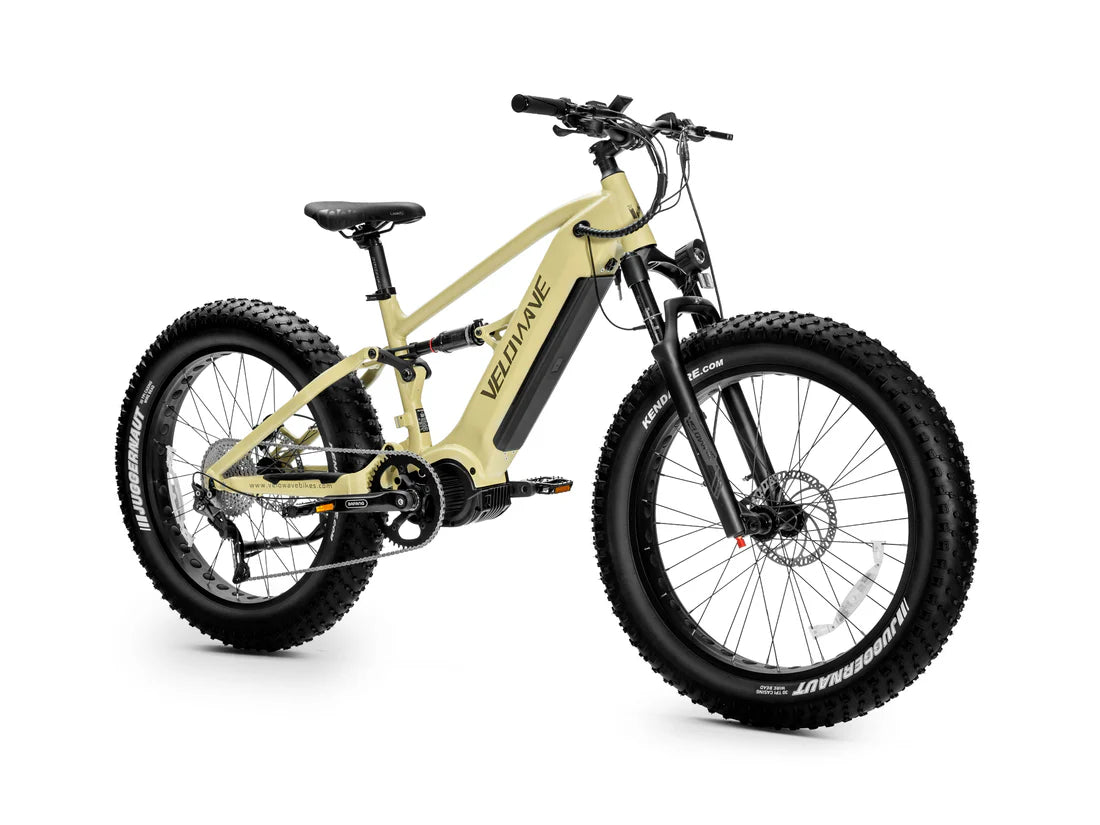 Velowave Brawny XM MTB Mountain Electric Bike Beige electric bike with black components on a white background. Valowave Brawny XM MTB Mountain Electric Bike