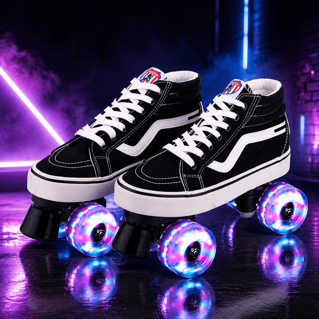 Quad Skating Double Row Roller Skates Black high-top roller skates with LED wheels on a reflective surface with neon lights in the background.