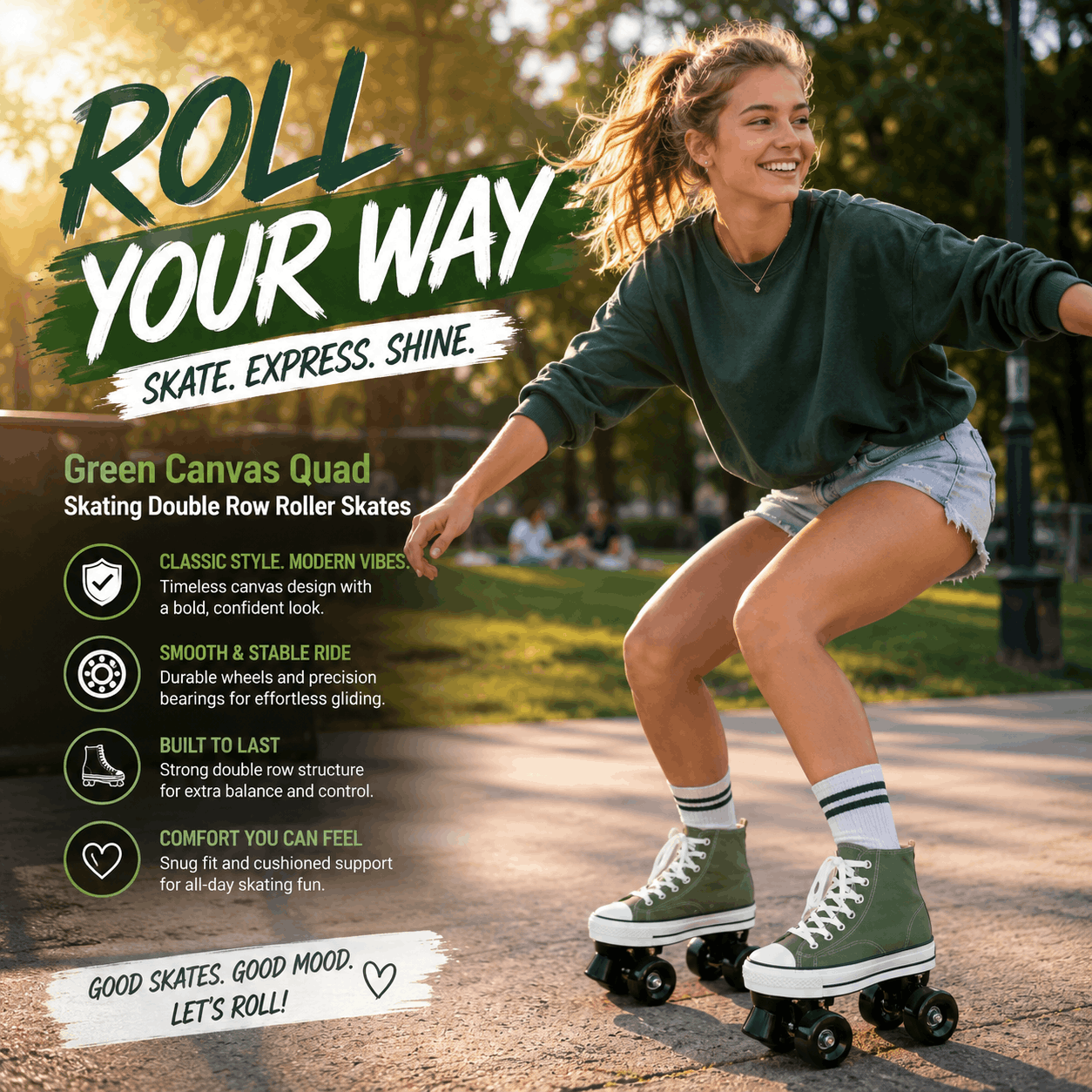 Green Canvas Quad Skating Double Row Roller Skates Woman roller skating in a park with promotional text about Green Canvas Quad roller skates.