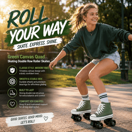 Woman roller skating in a park with promotional text about Green Canvas Quad roller skates.