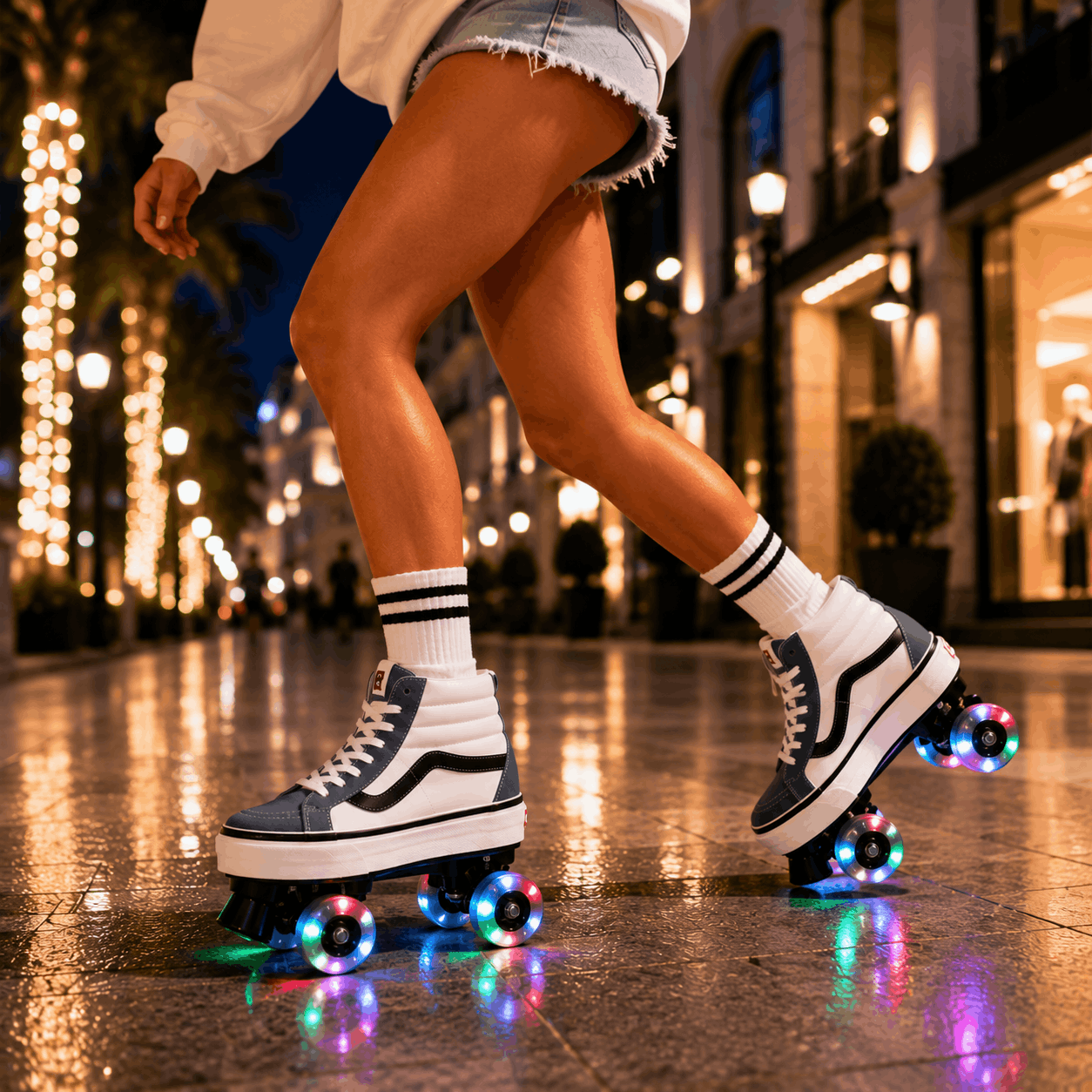 Urban Drift Quad Skating Double Row Roller Skates A person riding roller skates on a wet city street at night, wearing white high-top sneakers with dark side panels, white shorts, and white socks with dark stripes. The background shows blurred storefront lights and reflections on the pavement.