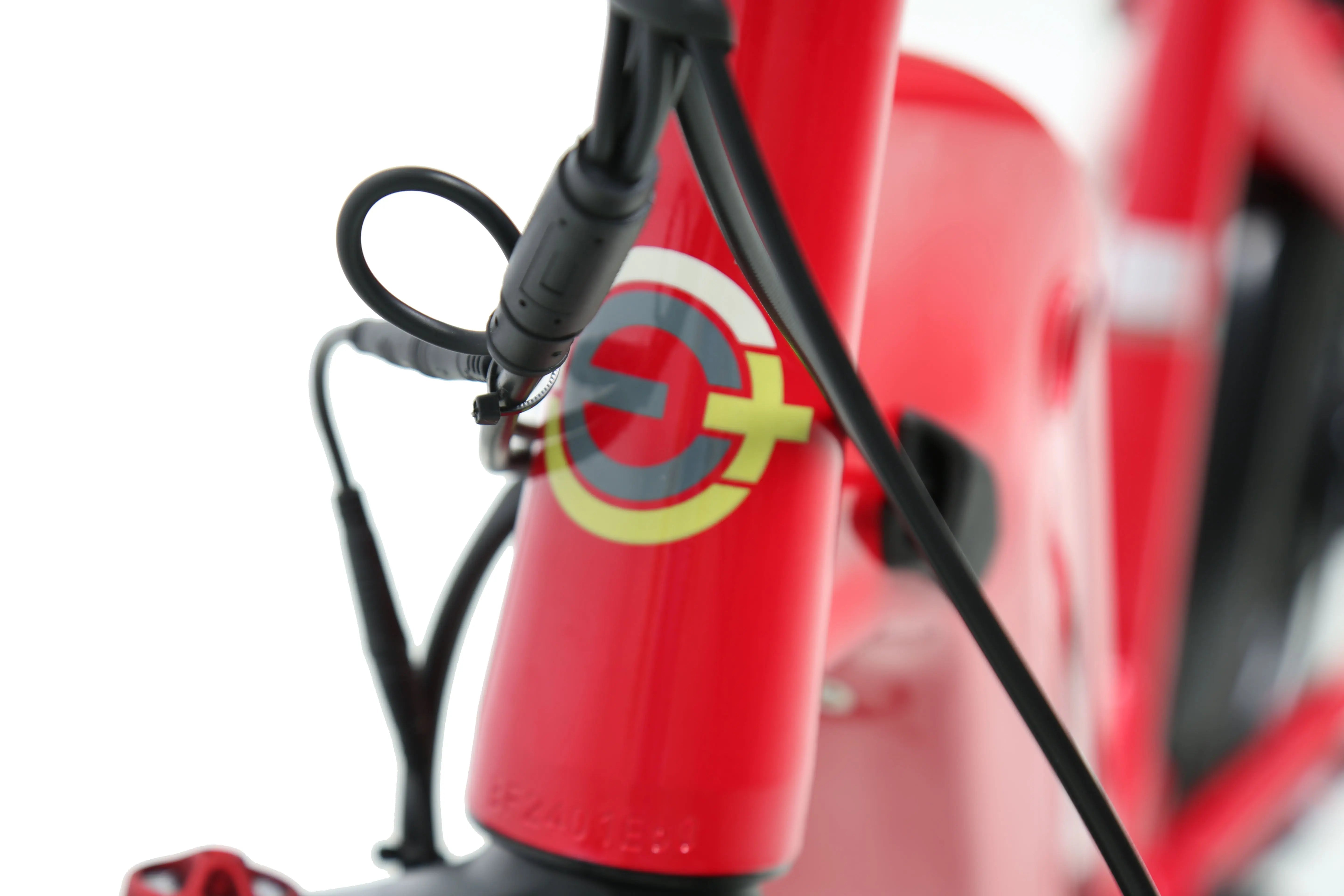 ACE Utility Cruiser EBike Close-up of a red bicycle with a logo on the headlight. ACE Utility Cruiser EBike