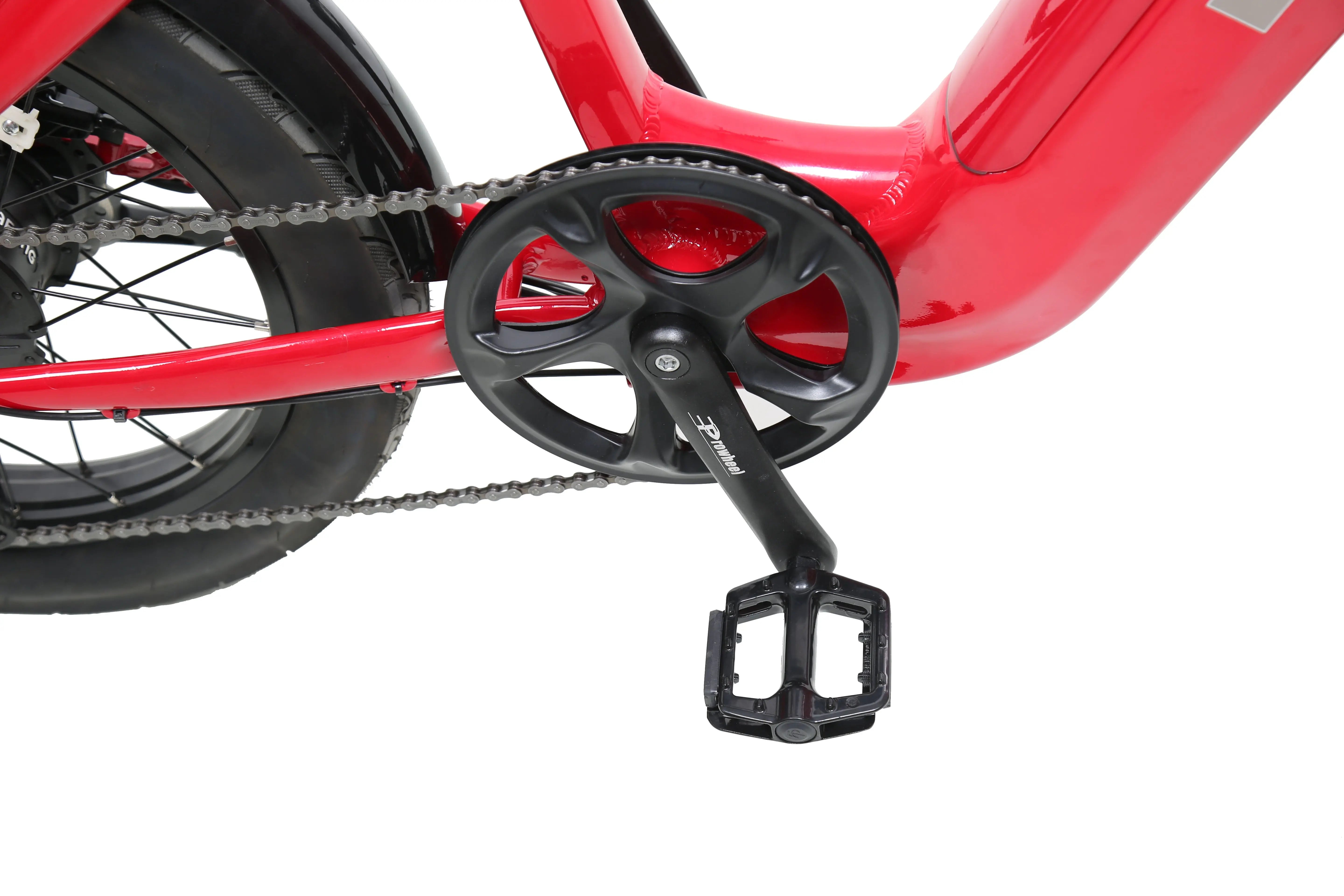 ACE Utility Cruiser EBike Close-up of a red bicycle with a chain and gear system on a white background. ACE Utility Cruiser EBike