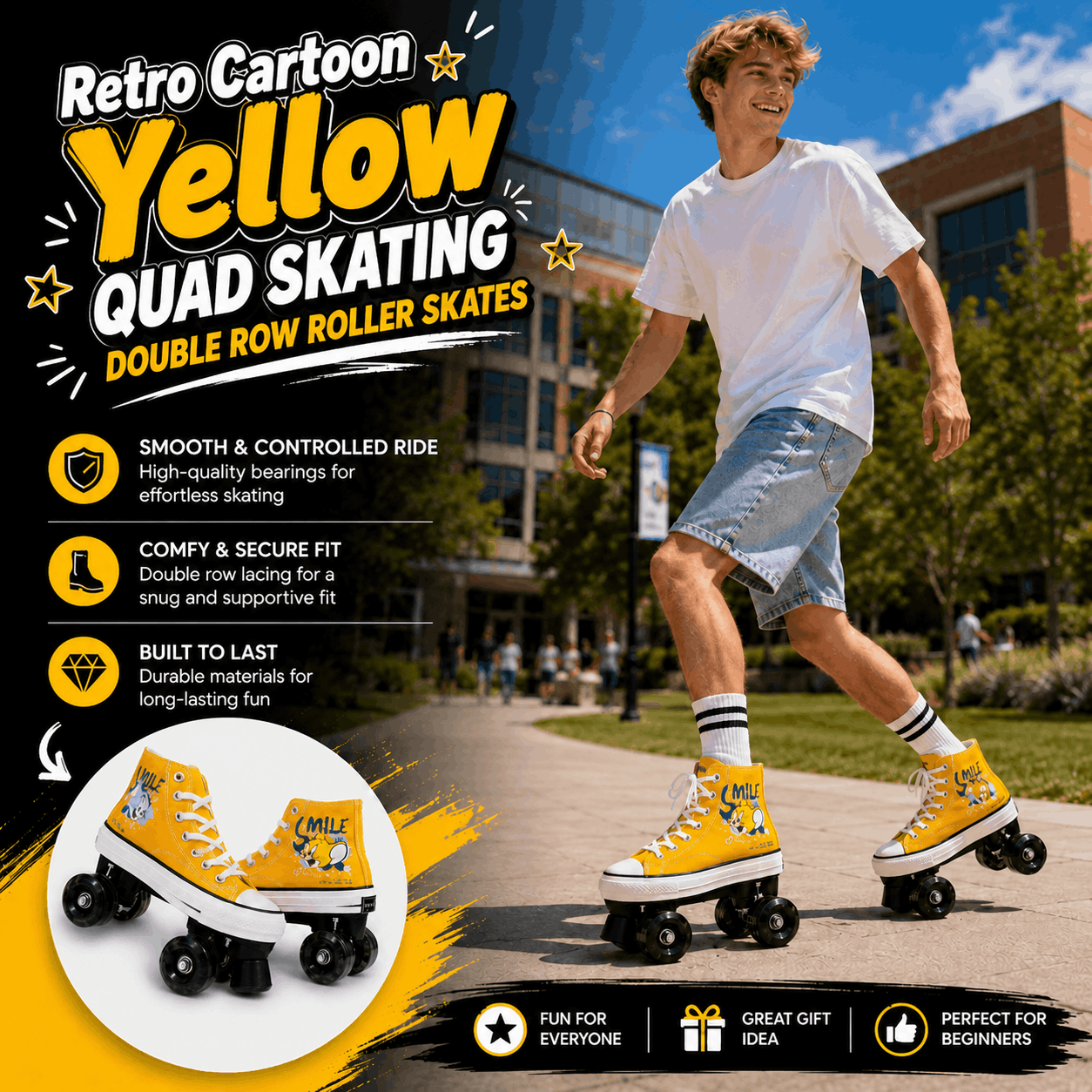 Retro Cartoon Yellow Quad Skating Double Row Roller Skates Retro Cartoon Yellow Quad Skating Double Row Roller Skates