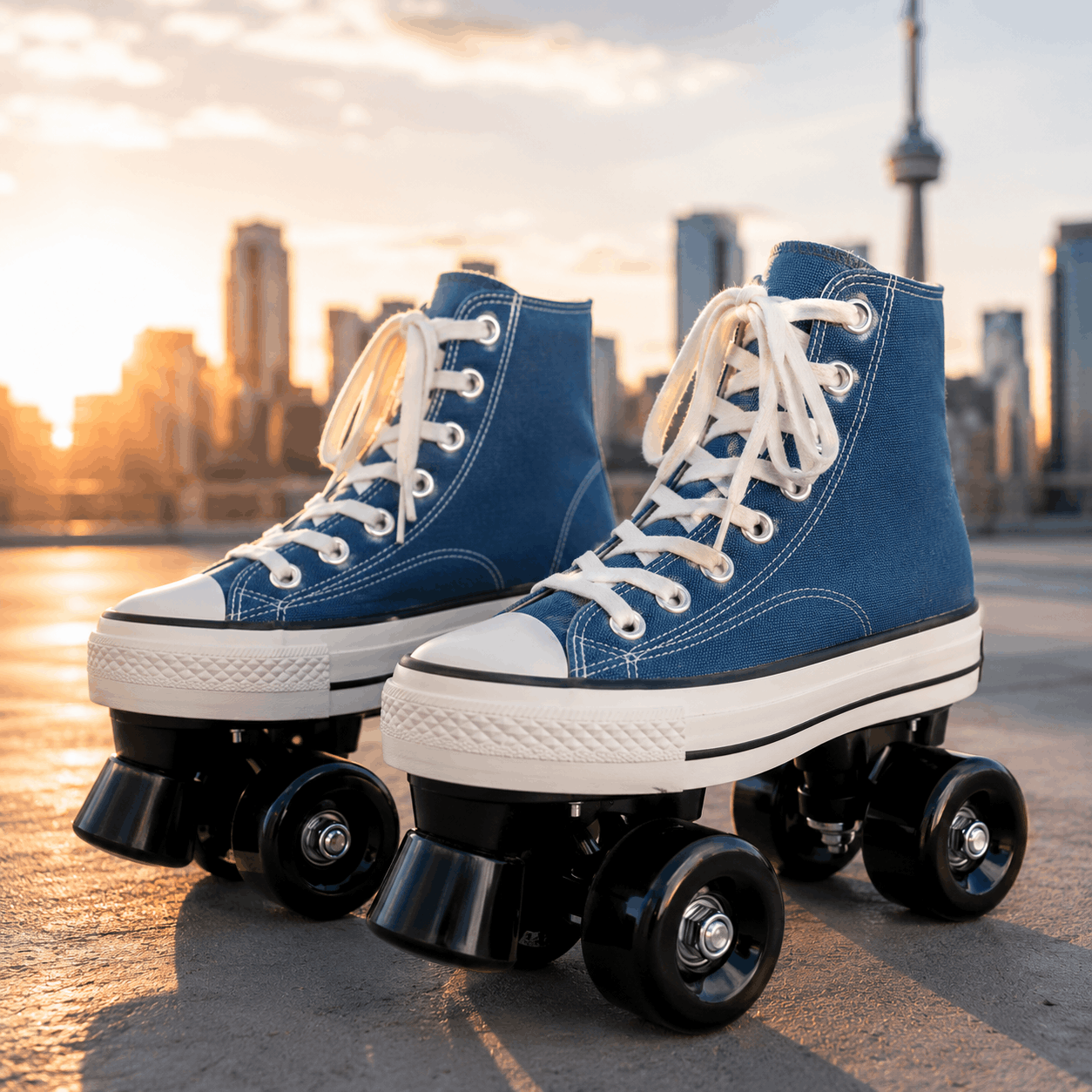 Blue Canvas Quad Skating Double Row Roller Skates Blue high-top roller skates with white laces against a cityscape background.