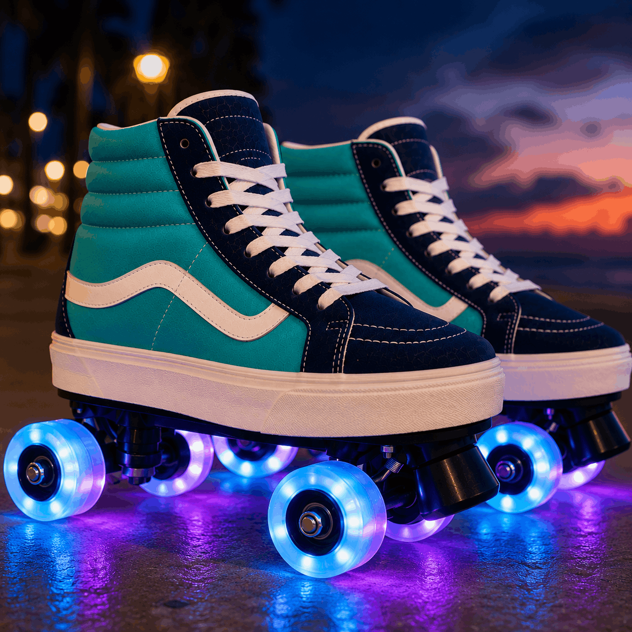 Ocean Breeze Quad Skating Double Row Roller Skates A pair of high-top roller skate shoes with teal and navy blue panels, white laces, white side stripes, and glowing blue LED wheels, photographed outdoors at dusk with blurred lights and a sunset sky in the background.