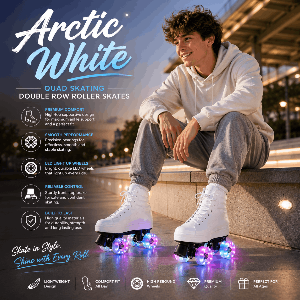 Arctic White Quad Skating Double Row Roller Skates A man wearing white Arctic White quad roller skates with glowing multicolor LED wheels sits on outdoor stone steps at dusk. The image includes product feature callouts and branding text on the left side.