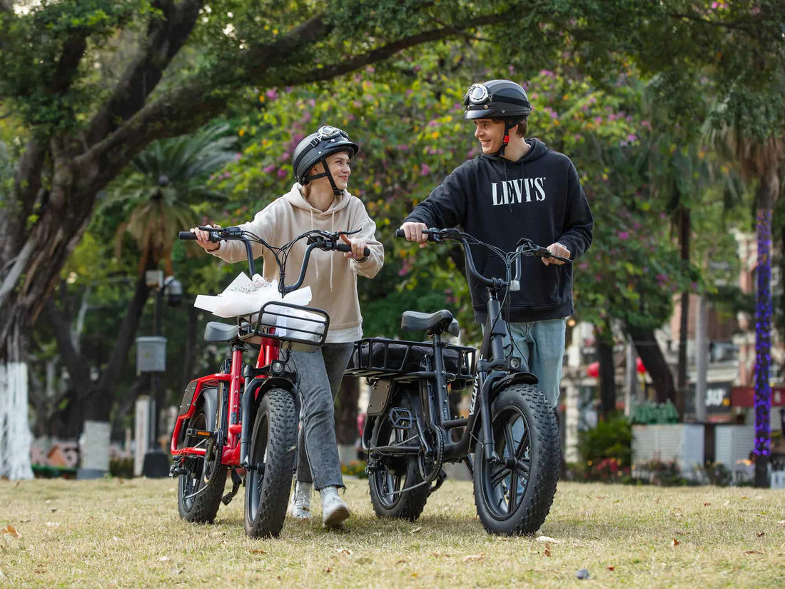 Velowave Prado S Commuter Electric Bike Two people with electric bikes in a park setting. Valowave Prado S Commuter Electric Bike