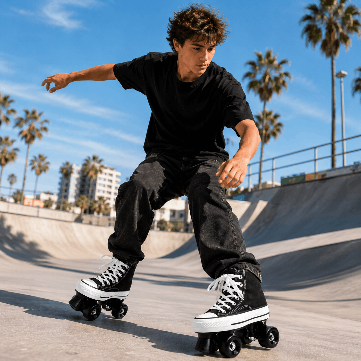 Black Canvas Quad Skating Double Row Roller Skates Person rollerblading at a skate park with palm trees and buildings in the background