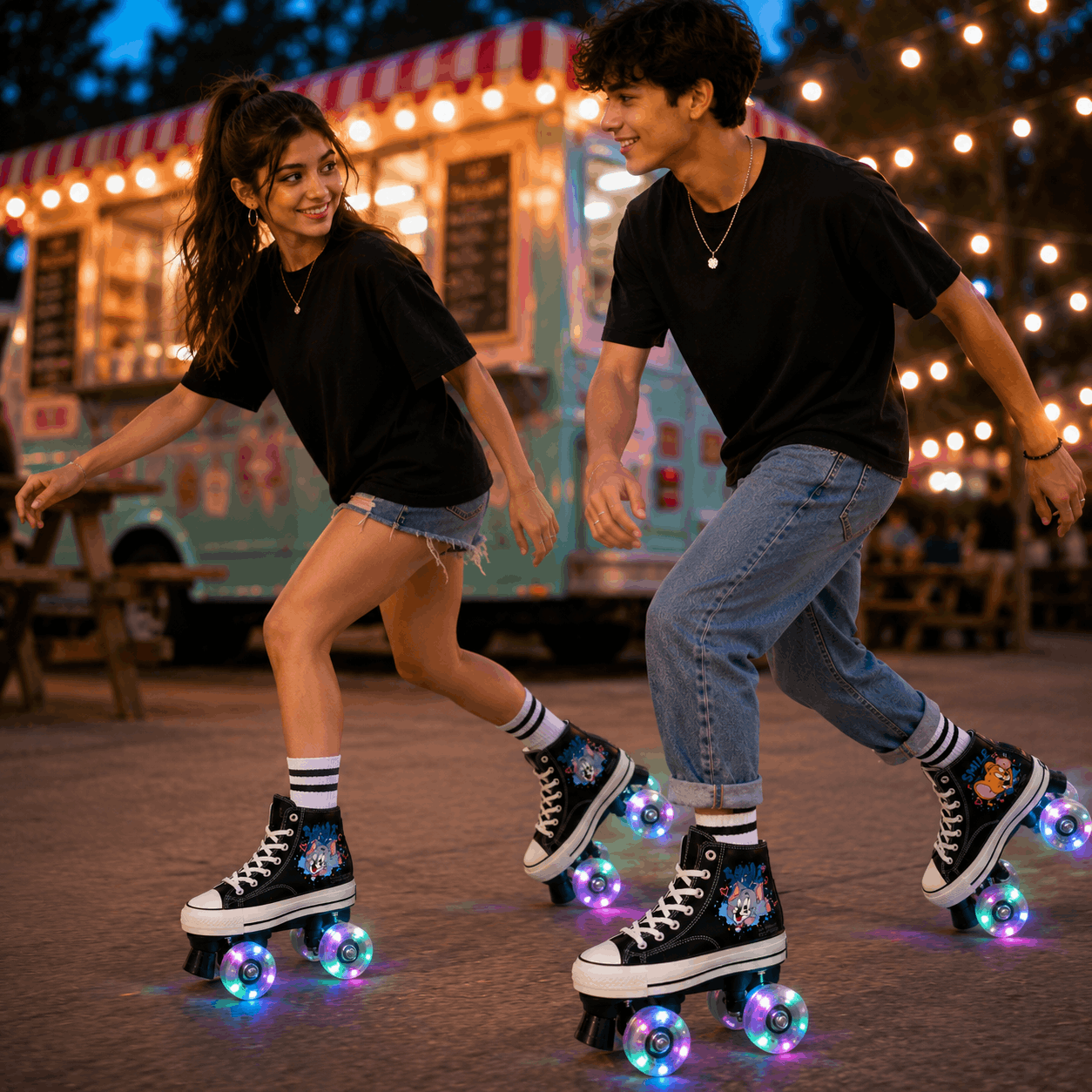 Retro Cartoon Quad Skating Double Row Roller Skates Two young adults roller skating at night in front of a food truck. Both are wearing black high-top roller skate boots with colorful floral graphics on the sides and glowing multicolor LED wheels.