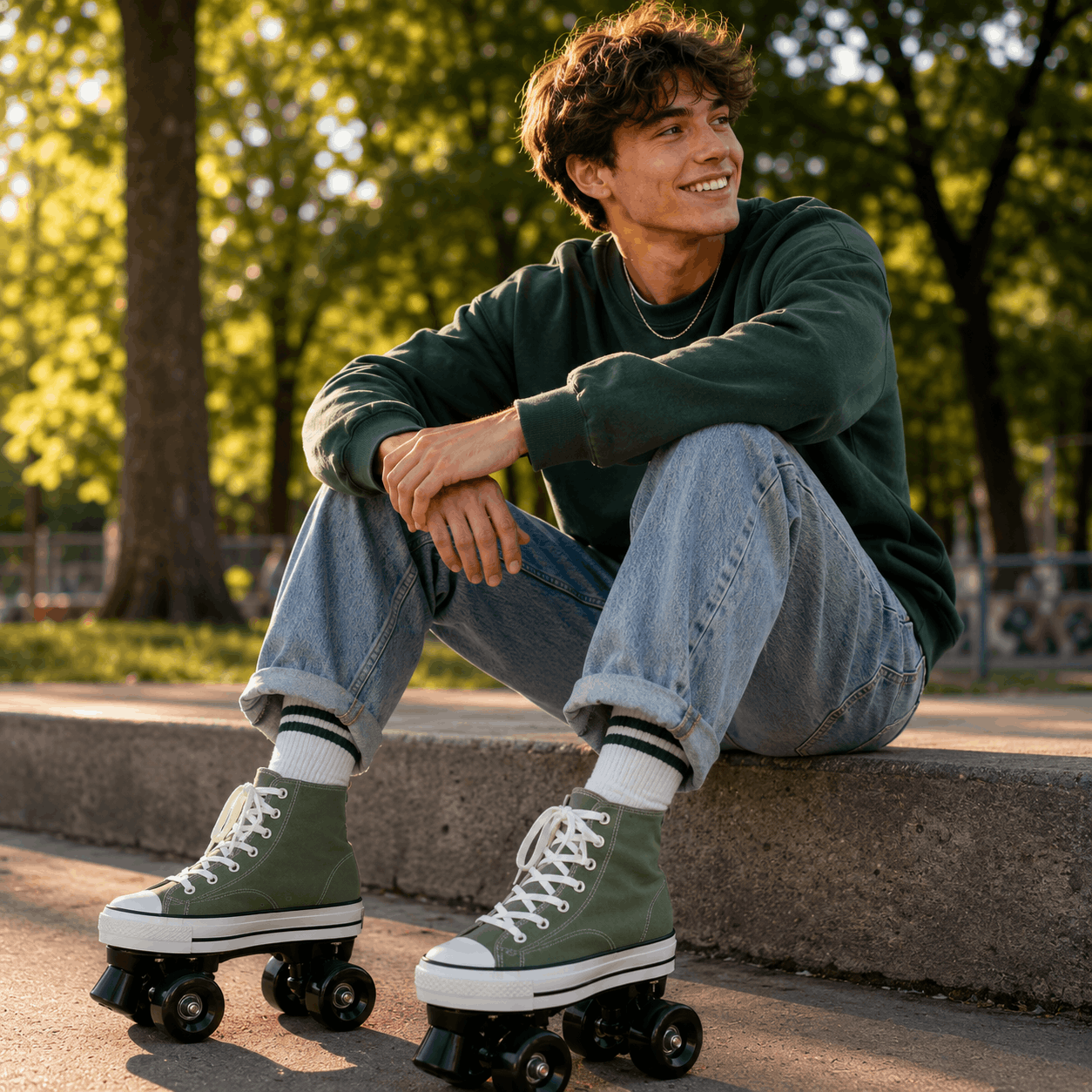Green Canvas Quad Skating Double Row Roller Skates Person sitting on a curb wearing green high-top sneakers with roller skates, smiling in a park setting.