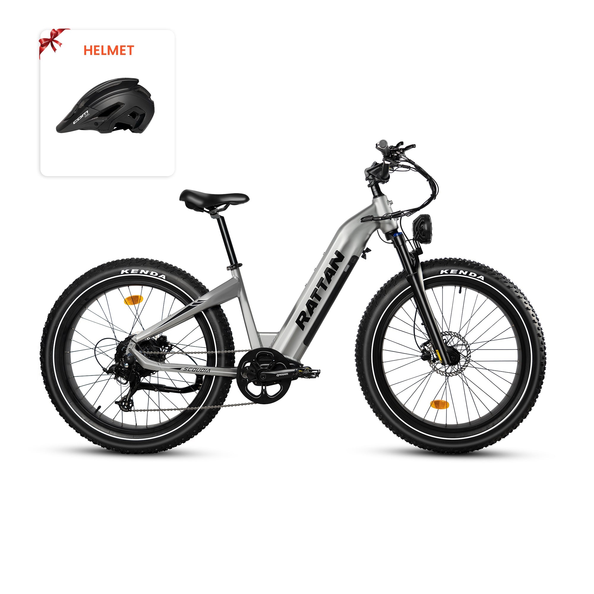 Rattan Sequoia Fat tire eBike Electric bike with 'Rattan' branding on a white background, accompanied by a helmet icon. Rattan Sequoia Fat tire eBike