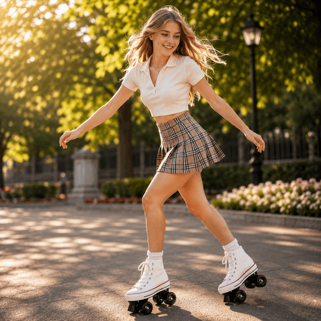 White Canvas Quad Skating Double Row Roller Skates Woman roller skating in a park with trees and flowers in the background