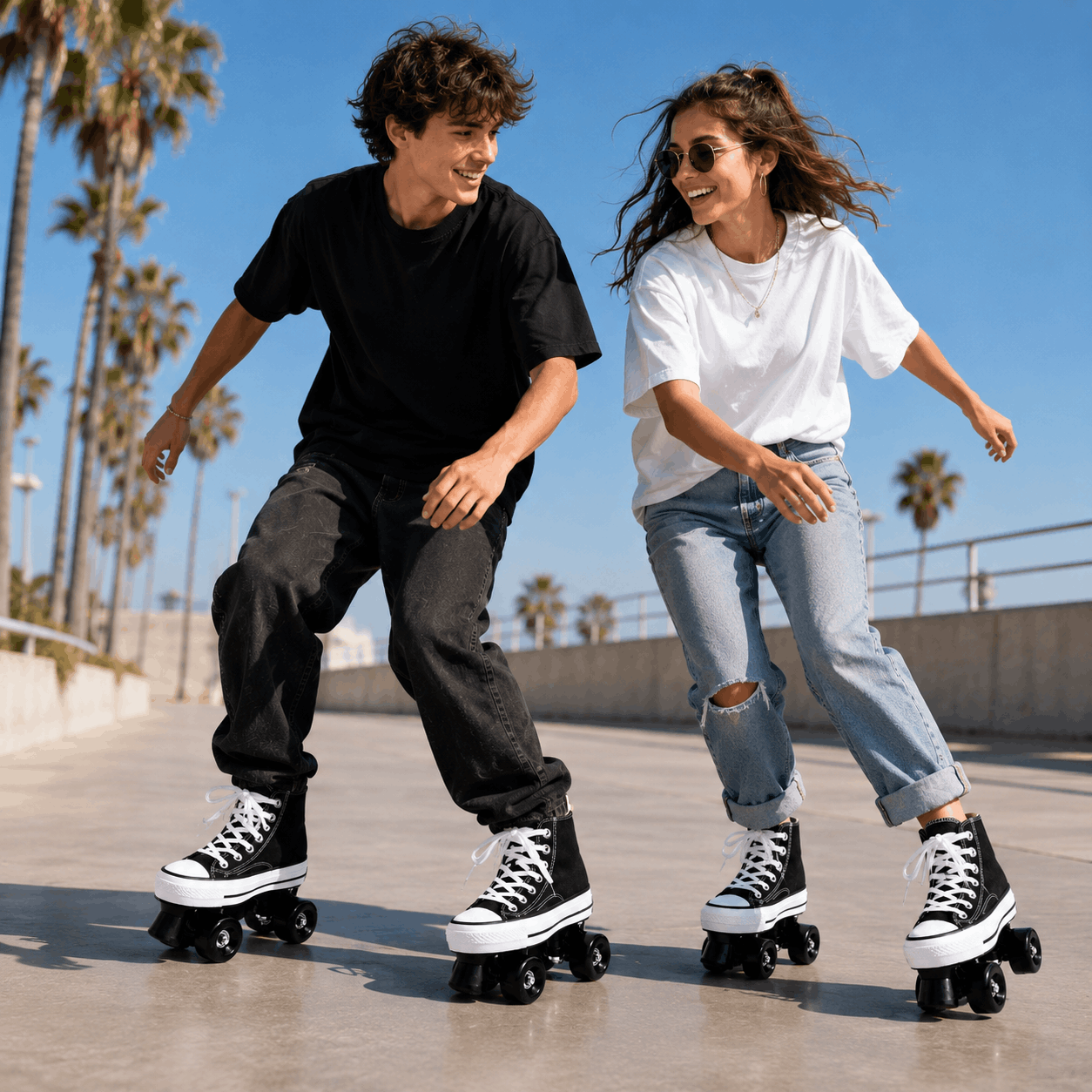 Black Canvas Quad Skating Double Row Roller Skates Two people rollerblading on a sunny day with palm trees in the background