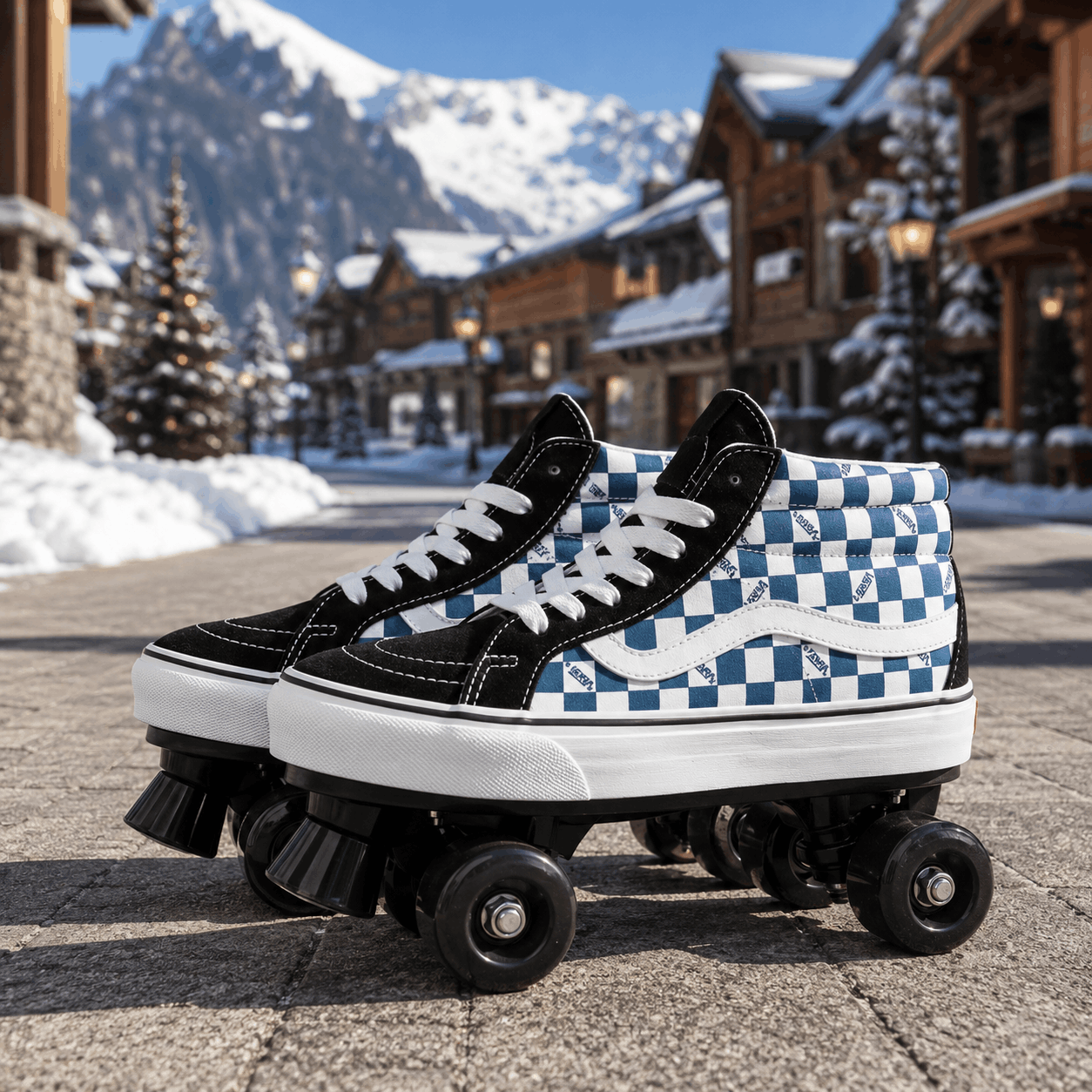 Blue Checker Quad Skating Double Row Roller Skates A pair of high-top roller skates with a black and blue-and-white checkerboard pattern, white laces, and black wheels, photographed outdoors on a paved path with snowy mountains and alpine buildings in the background.