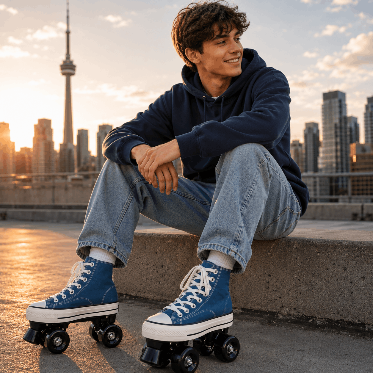 Blue Canvas Quad Skating Double Row Roller Skates Person wearing blue high-top roller skates sitting on a ledge with a city skyline in the background