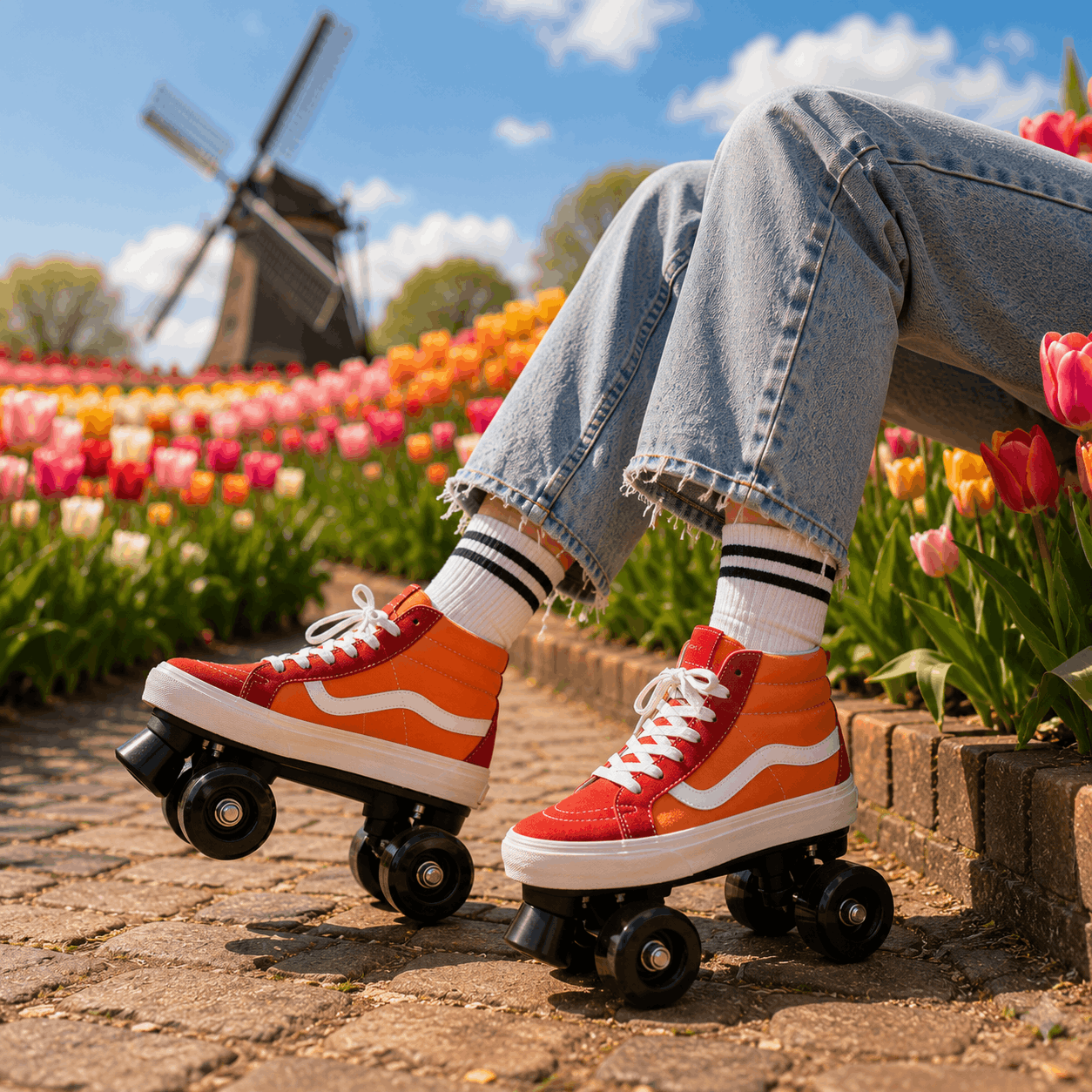 Sunset Glide Quad Skating Double Row Roller Skates A person sitting outdoors on a stone path wearing bright orange and white high-top roller skate shoes, light blue frayed-hem jeans, and white socks, with a flower field and windmill in the background.