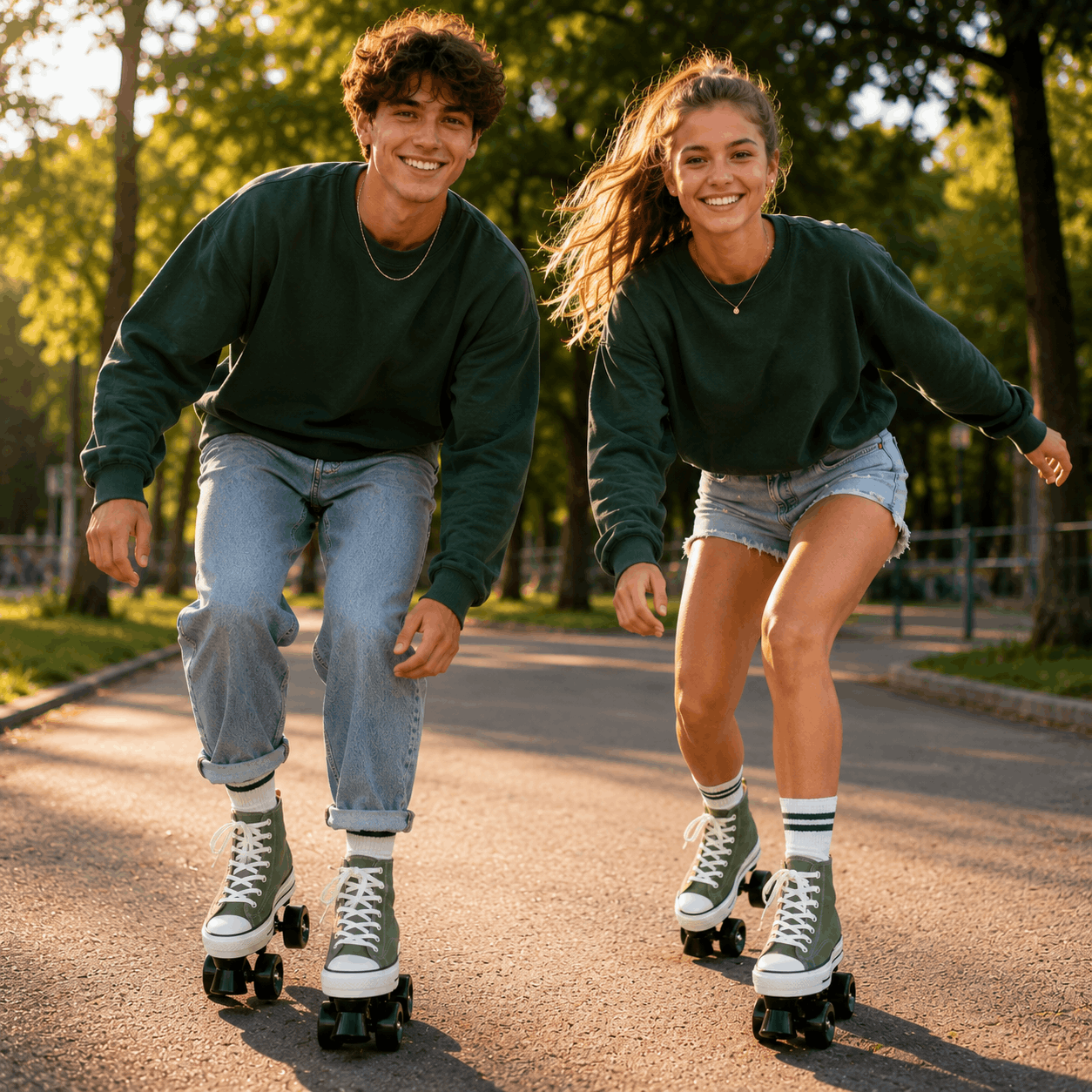 Green Canvas Quad Skating Double Row Roller Skates Two people rollerblading on a paved path with trees in the background