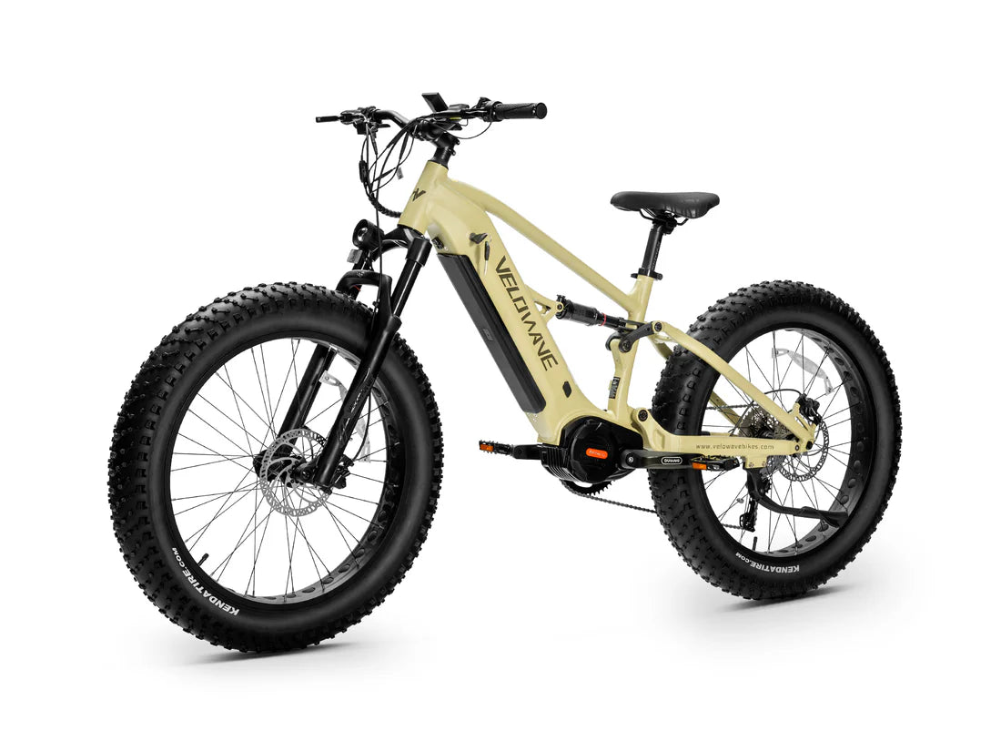Velowave Brawny XM MTB Mountain Electric Bike Beige electric bike with black details on a white background. Valowave Brawny XM MTB Mountain Electric Bike