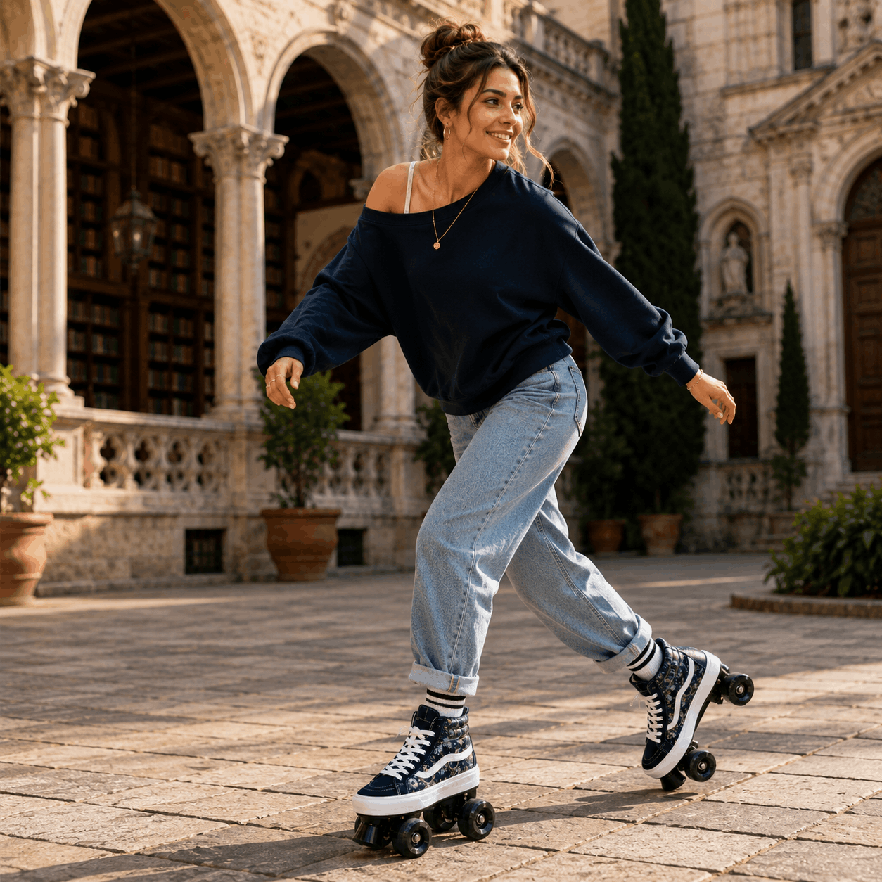Midnight Paisley Quad Skating Double Row Roller Skates A woman wearing a navy off-the-shoulder sweatshirt, light blue jeans, and navy high-top roller skates glides across a stone courtyard in front of a historic building with arches.