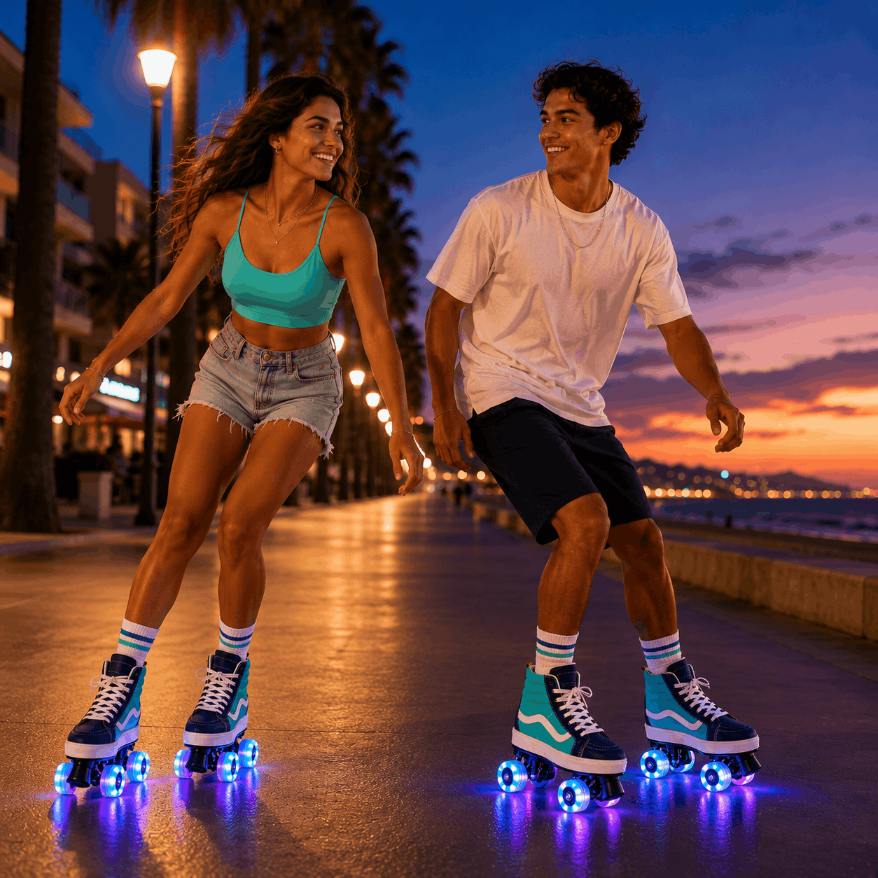 Ocean Breeze Quad Skating Double Row Roller Skates A man and a woman roller skate on a beach boardwalk at sunset. The woman wears a turquoise sports bra and denim shorts, and the man wears a white t-shirt and dark shorts.