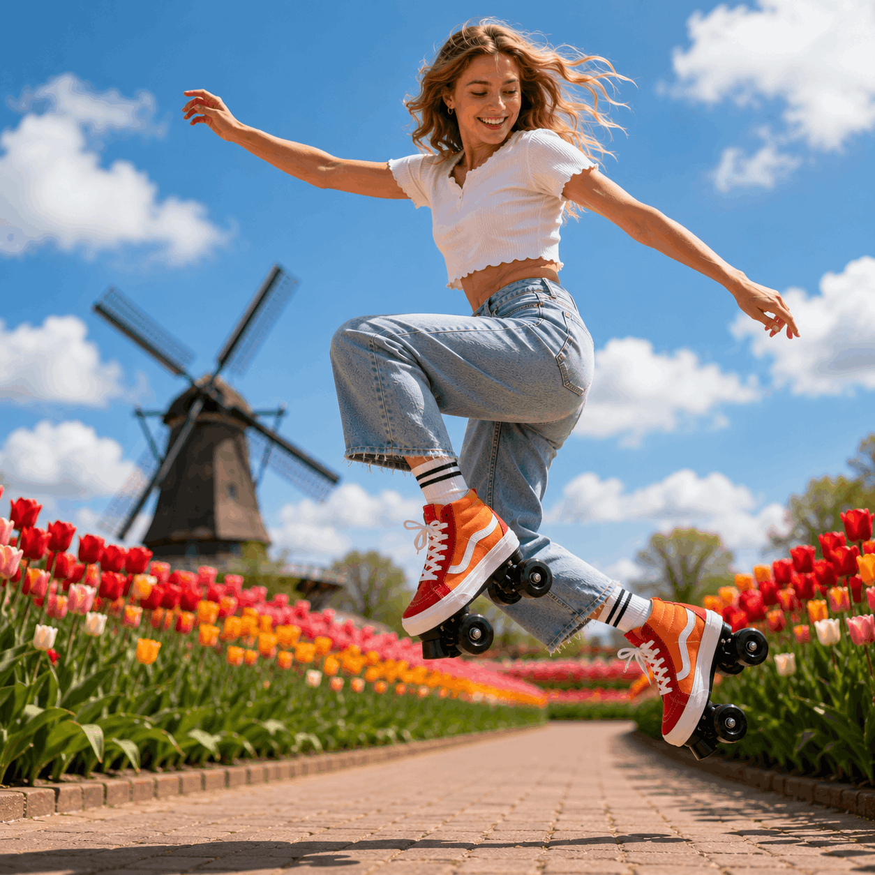 Sunset Glide Quad Skating Double Row Roller Skates A woman jumps on a skateboard outdoors on a sunny day, wearing a white crop top, light blue jeans, and orange sneakers. Tulip beds and a windmill are visible in the background under a blue sky with clouds.