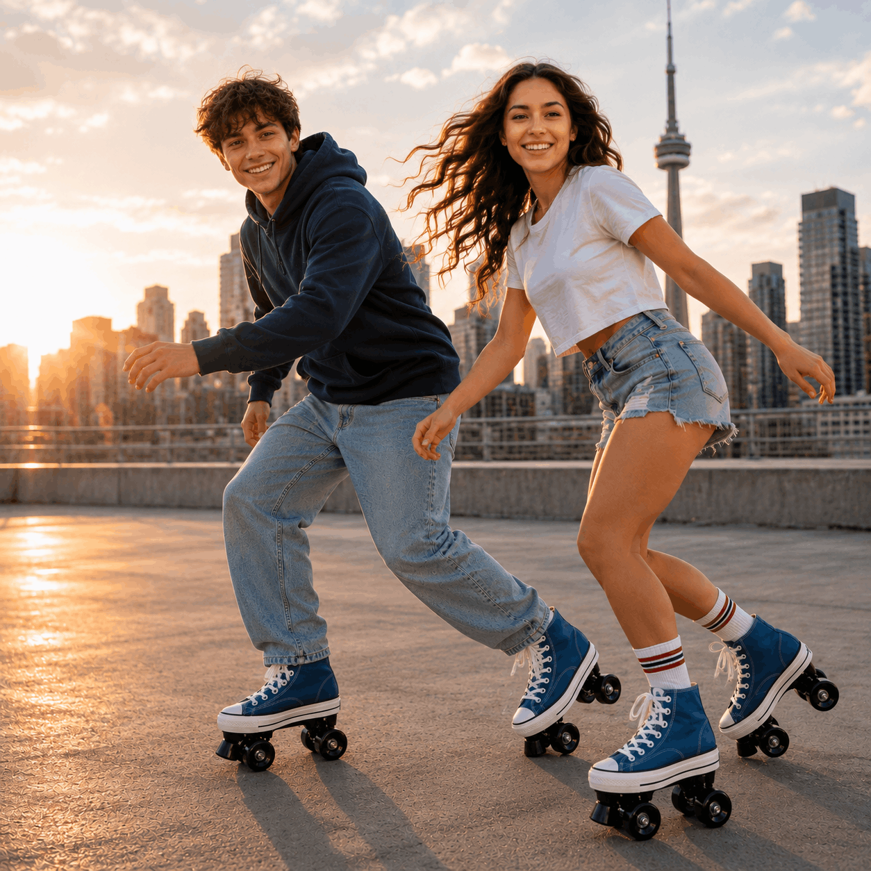 Blue Canvas Quad Skating Double Row Roller Skates Two people rollerblading on a rooftop with a city skyline in the background