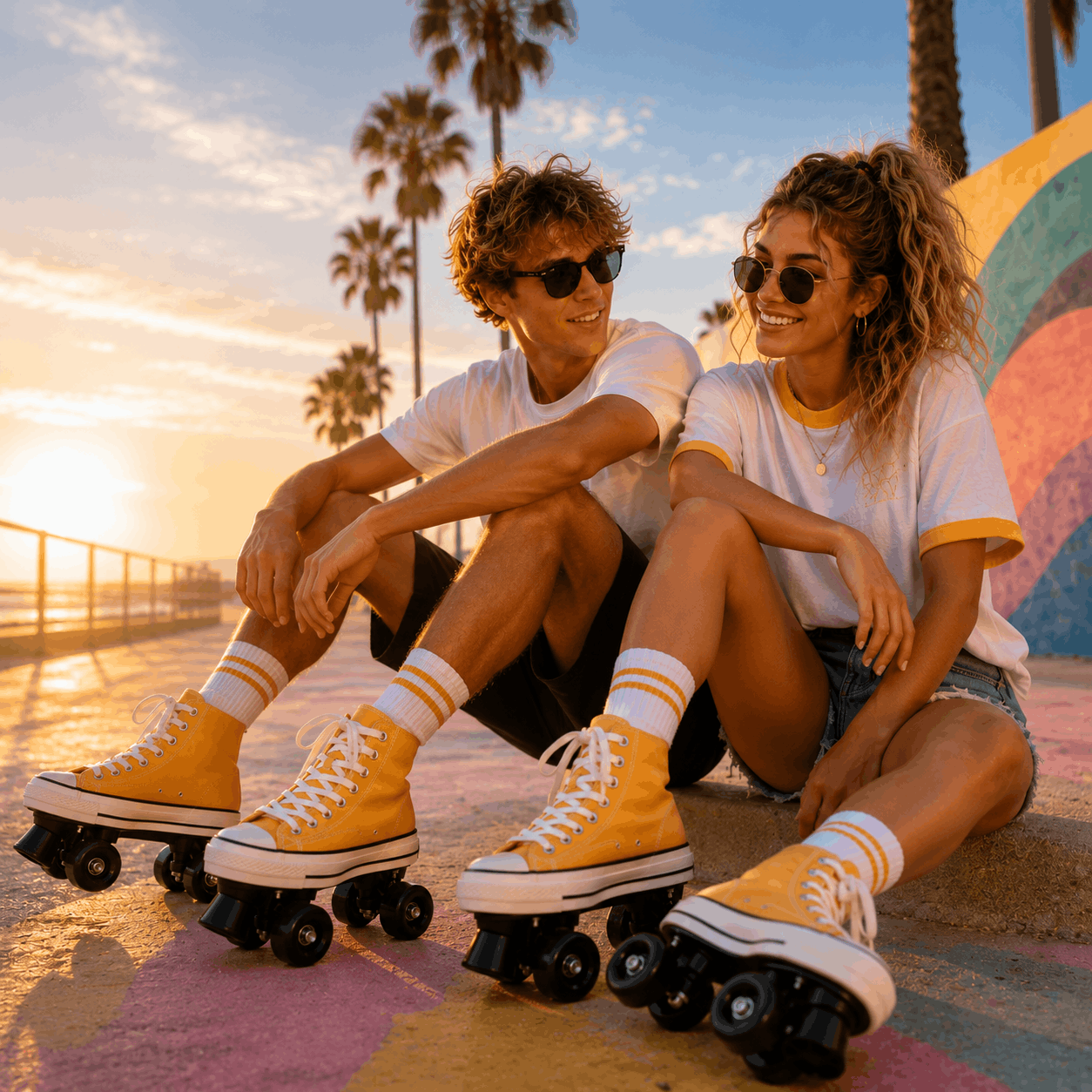 Yellow Canvas Quad Skating Double Row Roller Skates Two people sitting on a bench with roller skates, wearing matching outfits and sunglasses, against a sunset backdrop with palm trees.