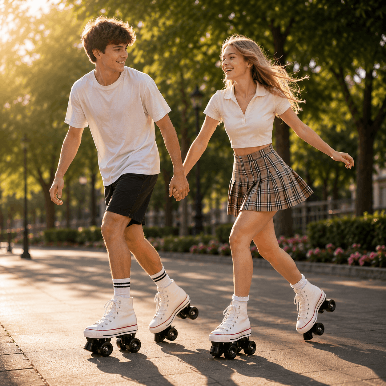 White Canvas Quad Skating Double Row Roller Skates Two people rollerblading together on a sunny day in a park.