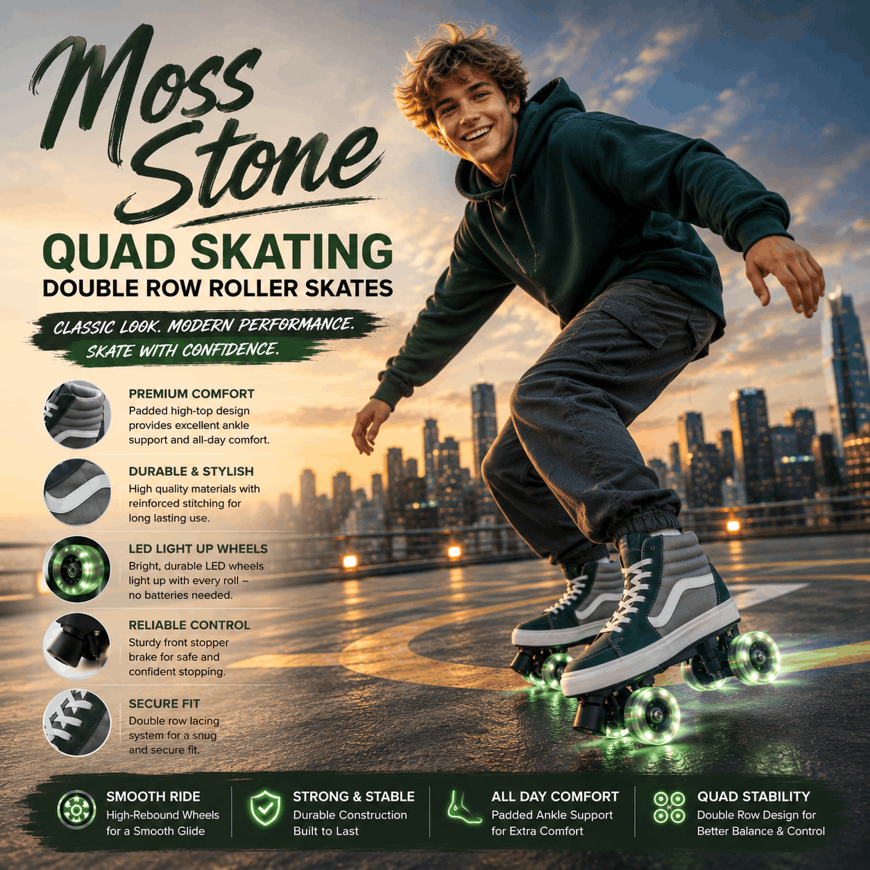 Moss Stone Quad Skating Double Row Roller Skates A promotional graphic for Moss Stone quad skating, featuring a young man riding a black and white double row roller skate with glowing green wheels against a city street backdrop at sunset. The left side contains feature callouts and icons, and the bottom has a dark green feature banner.
