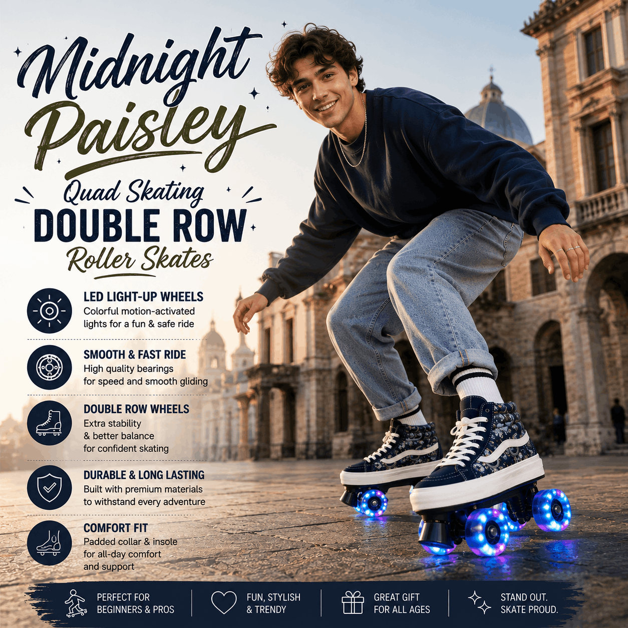 Midnight Paisley Quad Skating Double Row Roller Skates A man wearing 'Midnight Paisley Quad Skating Double Row Roller Skates' poses in an outdoor historic city setting. The skates feature a navy and white paisley pattern with glowing blue LED light-up wheels.