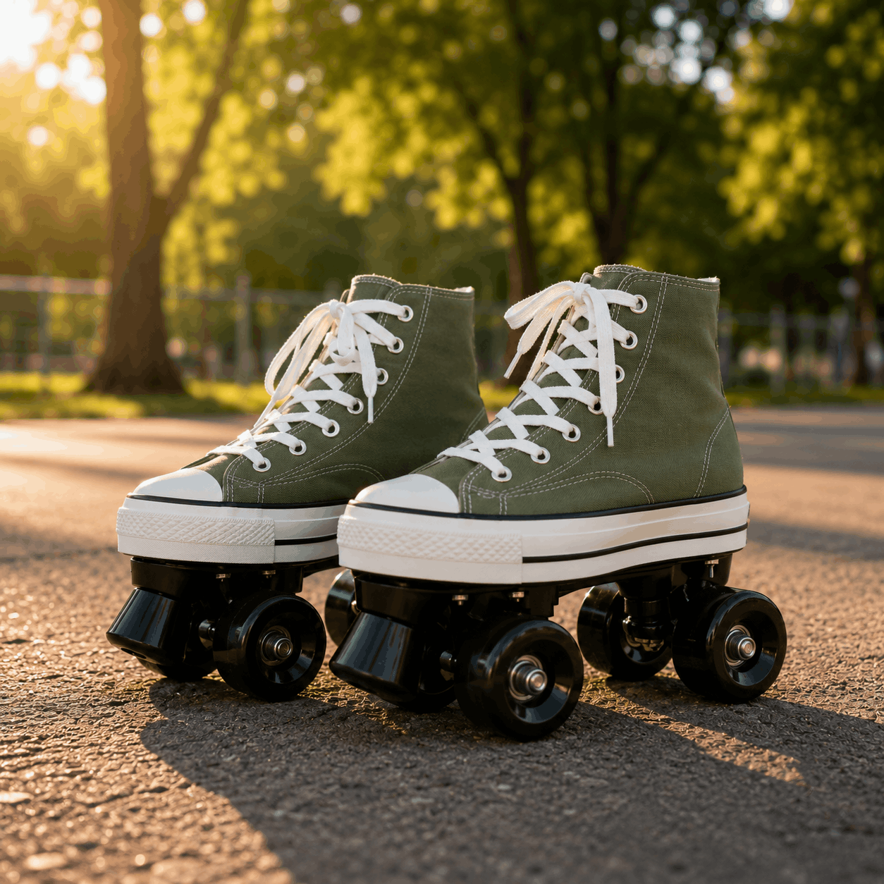 Green Canvas Quad Skating Double Row Roller Skates Green high-top roller skates with white laces on a paved surface with trees in the background.