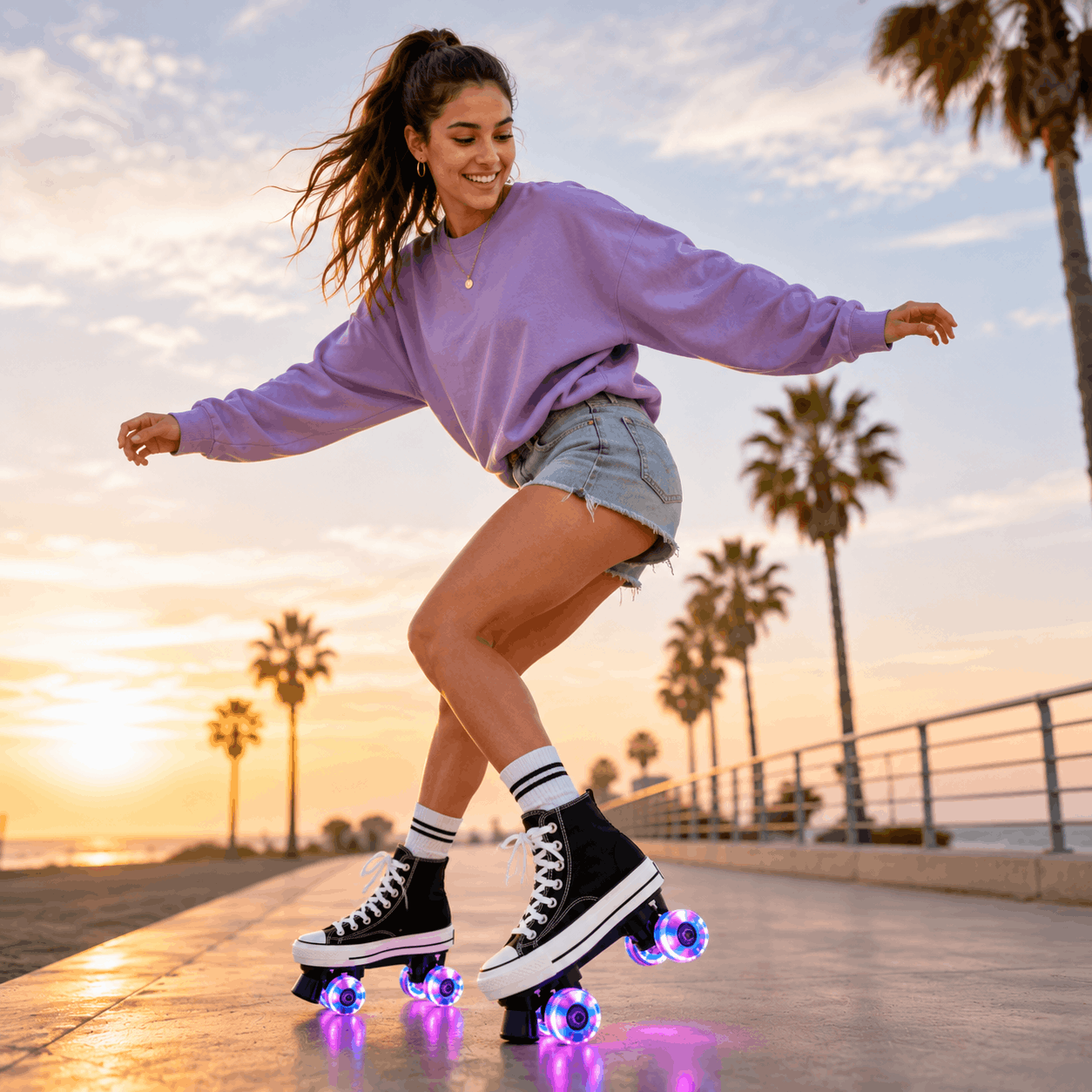 Black Canvas Quad Skating Double Row Roller Skates Woman roller skating on a boardwalk with palm trees and sunset in the background