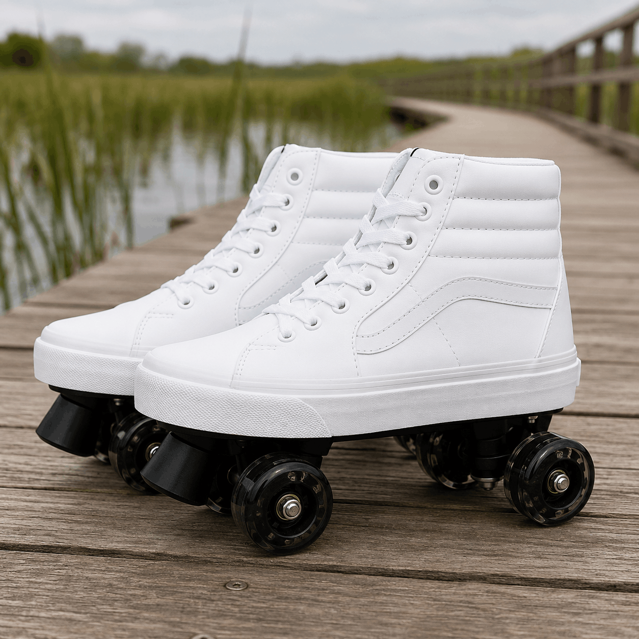 Arctic White Quad Skating Double Row Roller Skates A pair of white high-top roller skates with black wheels, positioned on a wooden boardwalk with a marshland background.