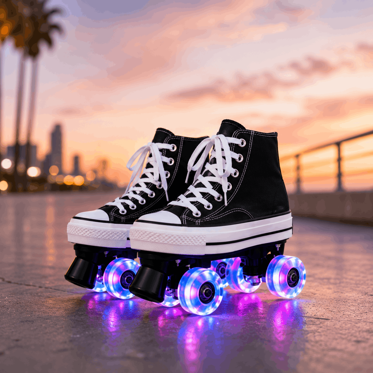 Black Canvas Quad Skating Double Row Roller Skates Black high-top roller skates with LED lights on a city skyline background