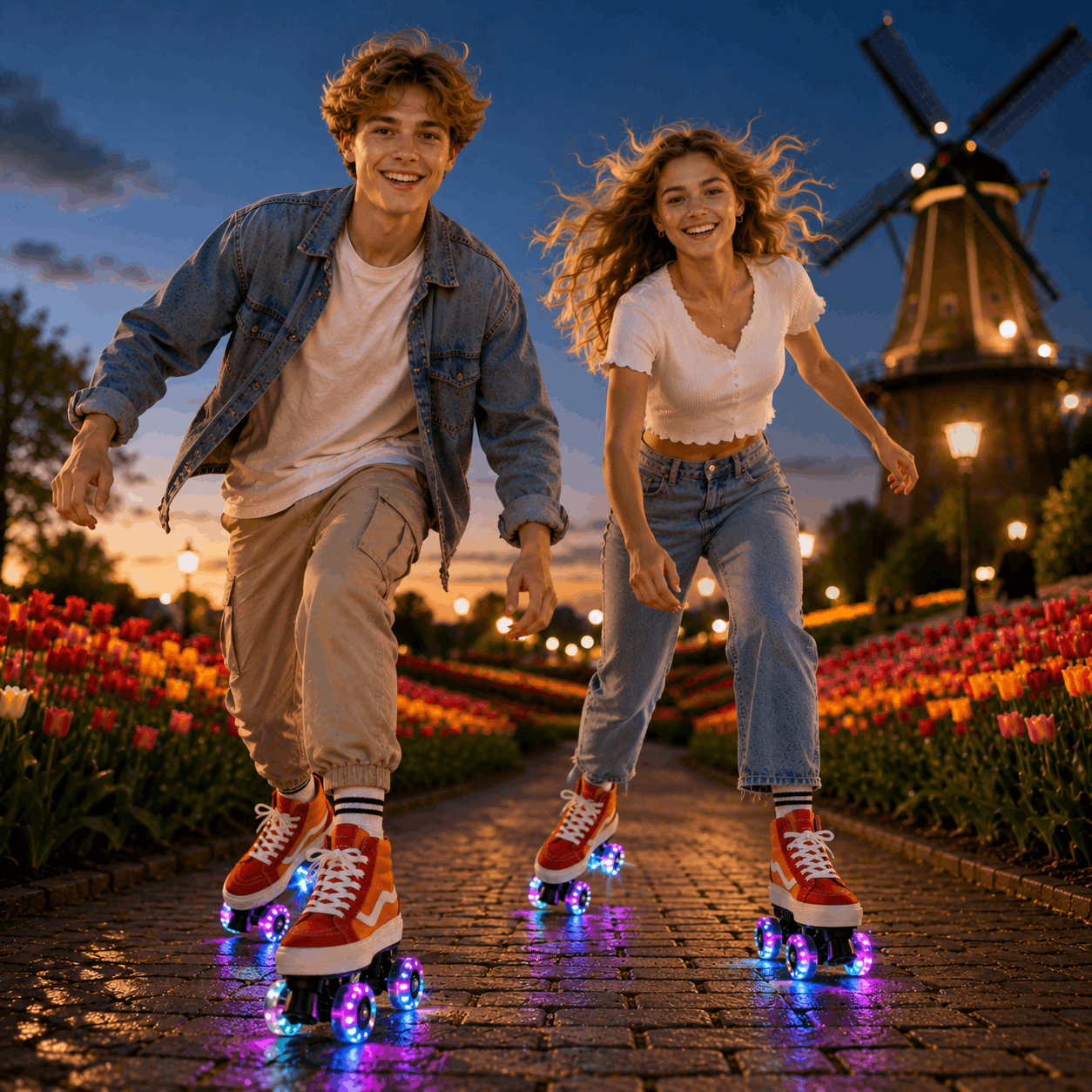 Sunset Glide Quad Skating Double Row Roller Skates Two young adults roller-skating on a cobblestone path at dusk, with colorful tulips in the foreground and a windmill in the background. The person on the left wears a denim jacket over a white T-shirt, beige pants, and orange sneakers with glowing multicolor wheels.