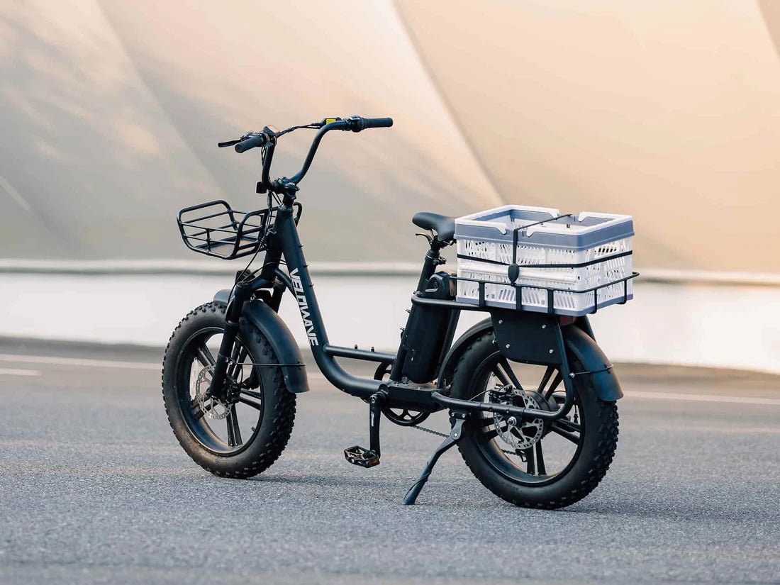Velowave Prado S Commuter Electric Bike Electric bike with a basket on a road. Valowave Prado S Commuter Electric Bike