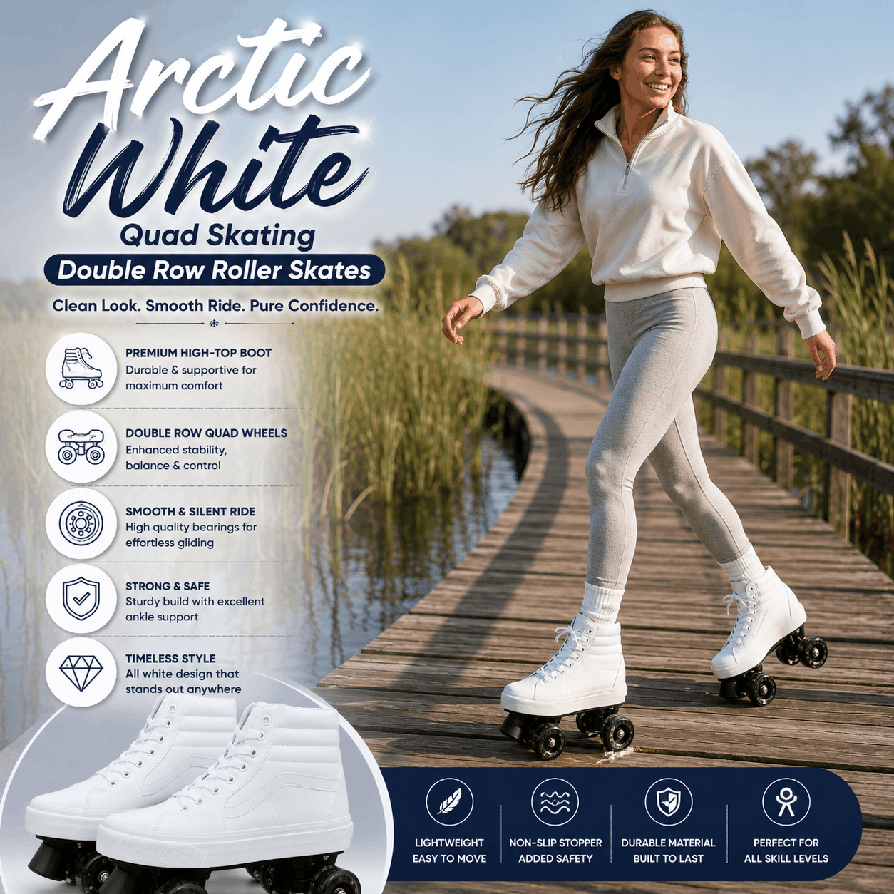 Arctic White Quad Skating Double Row Roller Skates A woman wearing white Arctic White quad roller skates rides along a wooden boardwalk by a lake, with product features and branding text overlaid on the left and bottom of the image.