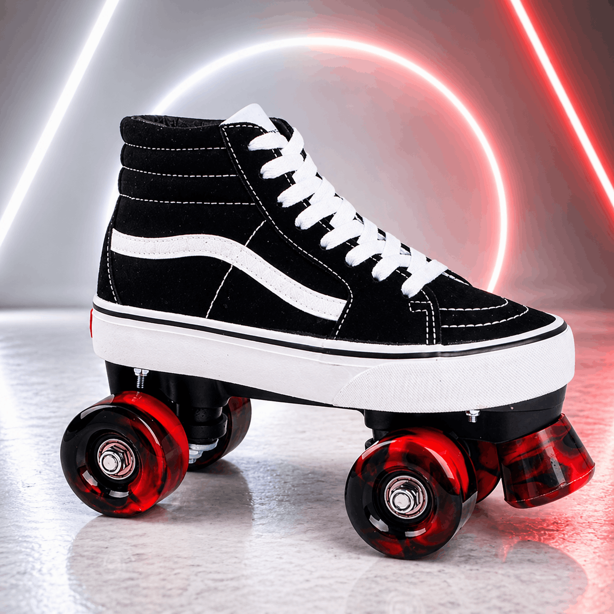 Quad Skating Double Row Roller Skates Black high-top roller skates with red wheels on a reflective surface with neon lights.