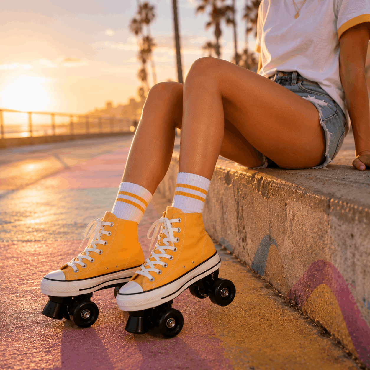 Yellow Canvas Quad Skating Double Row Roller Skates Person wearing yellow roller skates with white socks sitting on a ledge at sunset.