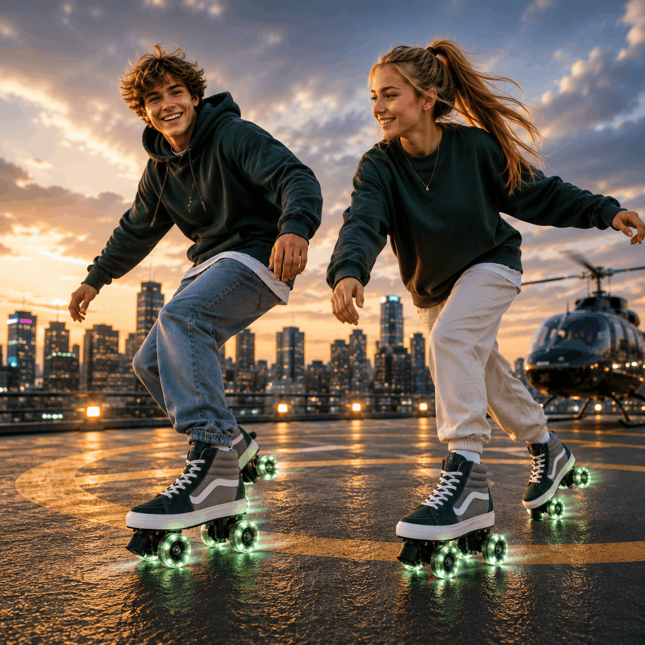 Moss Stone Quad Skating Double Row Roller Skates Two young adults skate on glowing roller skates on a wet helipad at sunset, with a city skyline and a helicopter in the background.